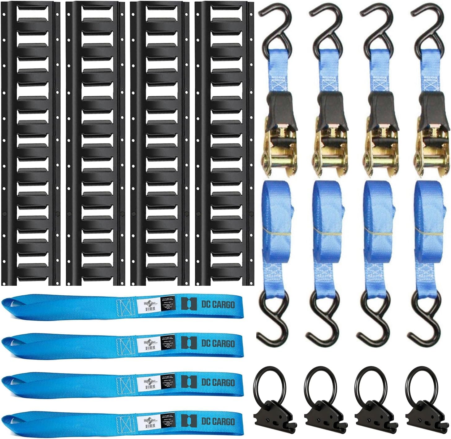 Motorcycle Kit, 15' Ratchet Tie Down Straps, 2' E-Track Rails, Soft Loops, O Rings, Cargo Accessory Securing Motorcycles, Dirt Bikes, Kayaks, Atvs, Utvs
