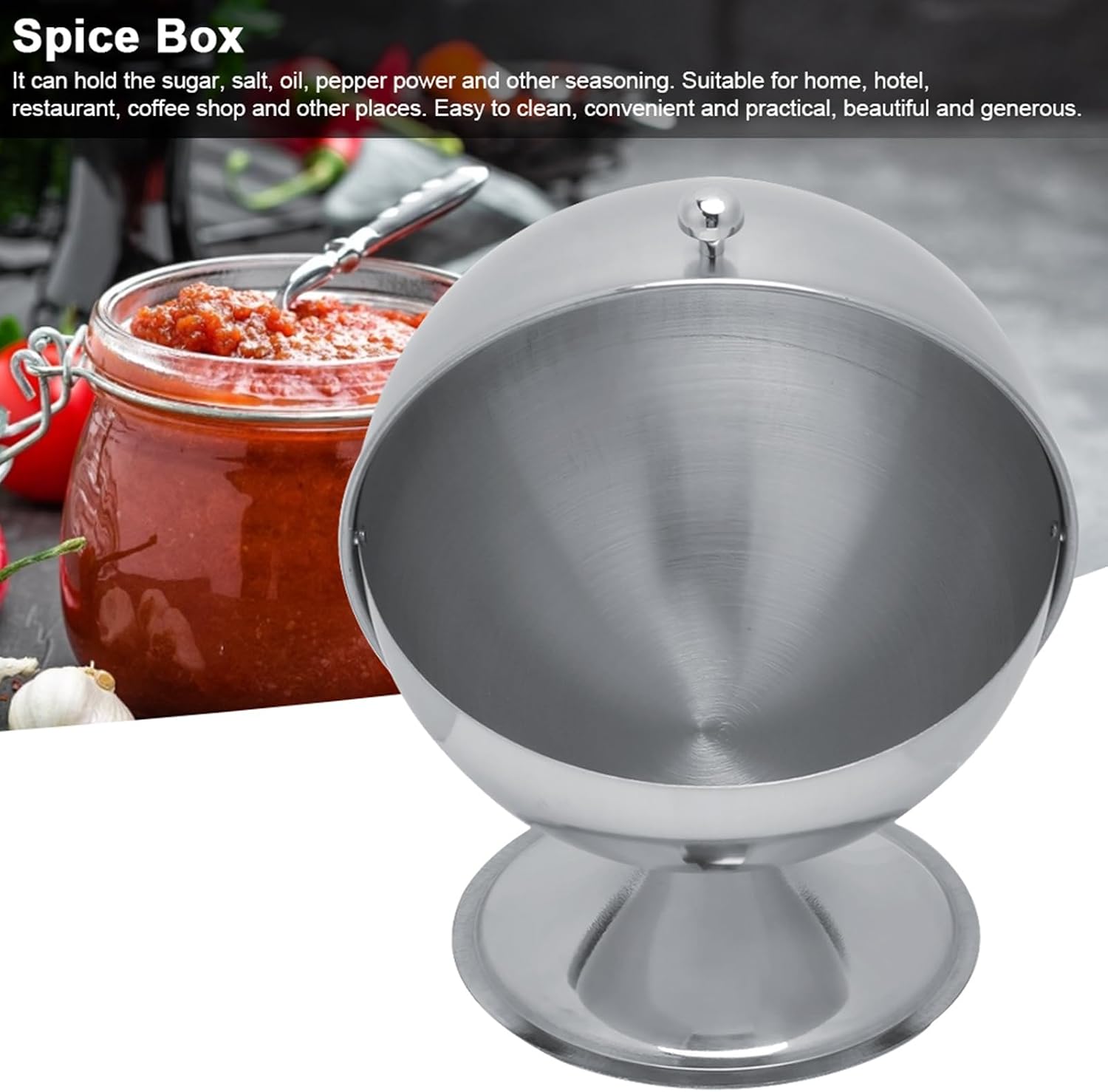 Stainless Steel Seasoning Box, Spherical Condiment Jars with Swivel Cover Seasoning Organizer Kitchen Container for Salt Snacks Flour Dry Goods Fruits
