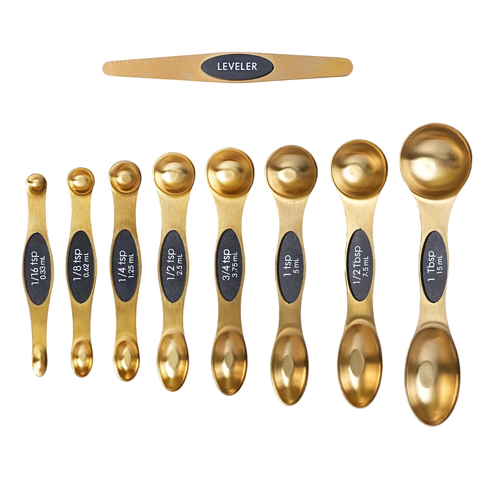 Magnetic Measuring Spoons Sets of 9, WOVTE Dual Sided Stainless Steel Stackable Teaspoon Tablespoon with Colorful Scale and Leveler,Fits in Spice Jars for Measuring Dry and Liquid Ingredients (golden)