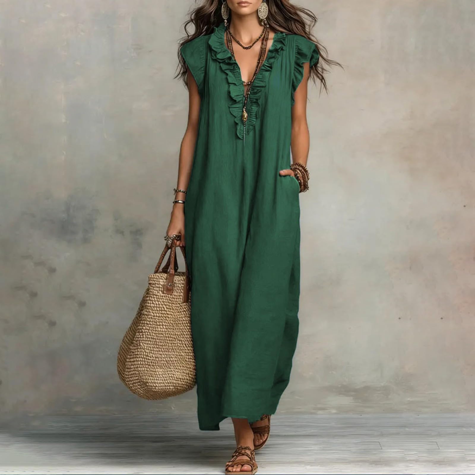 Maxi abito da donna, elegante, maxi abito estivo, a tunica, linea ad A, abito estivo leggero e arioso, comodo abito da spiaggia, tinta unita, a mezze maniche