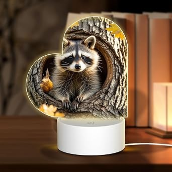 3D Night Light LED Light Lamp Base Personalized Gifts Acrylic Night Light Raccoon in The Fall Tree Hole Night Light Acrylic Plaque USB 3 Colors Change Smart Touch Table Lamp for Bedroom Heart Shape