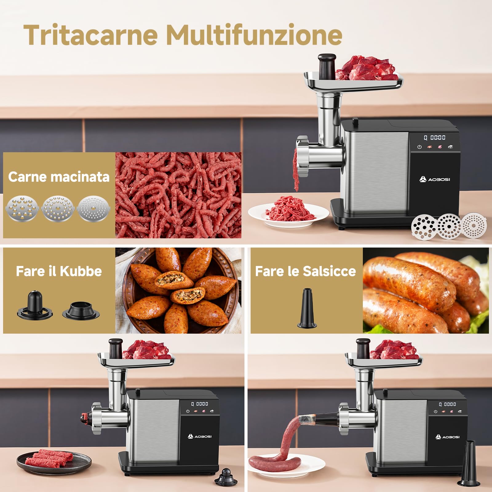 AAOBOSI Tritacarne Elettrico [3000W MAX] Con Display LED, 3 Velocità, Tritacarne Con Sistema Anti-Ostruzione,Scatola Portaaccessori Interna, Può Fare Salsicce & Kibbe, Ideale Per Casa