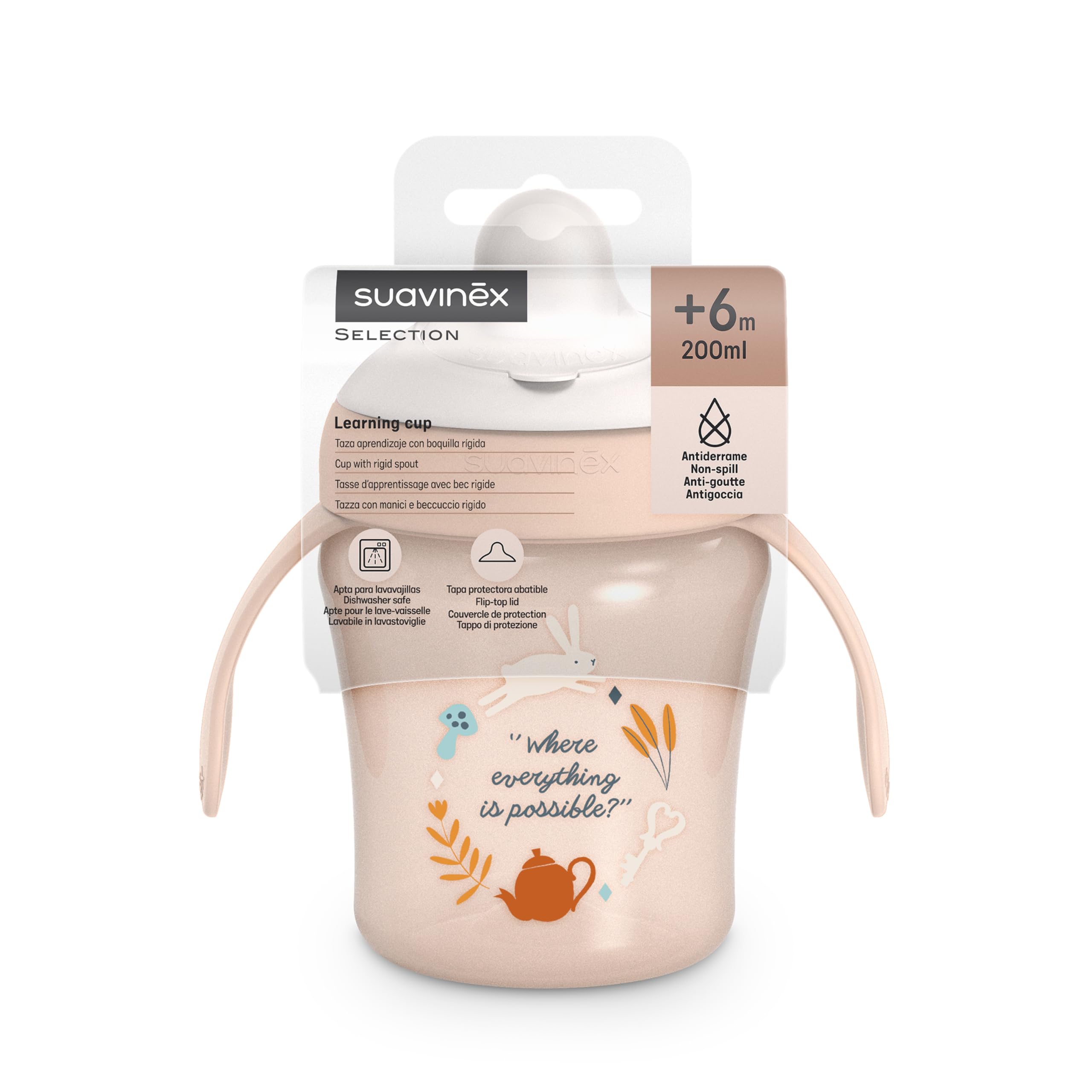 Suavinex, Tasse d'Apprentissage avec Bec Rigide. Gobelet Bébé Anti Fuite avec Couvercle Rabattable et Anses. Passe au Lave-Vaisselle. Trainer Cup 200 ml. Verre Bébé et Enfats +6 Mois. Wonderland Rose