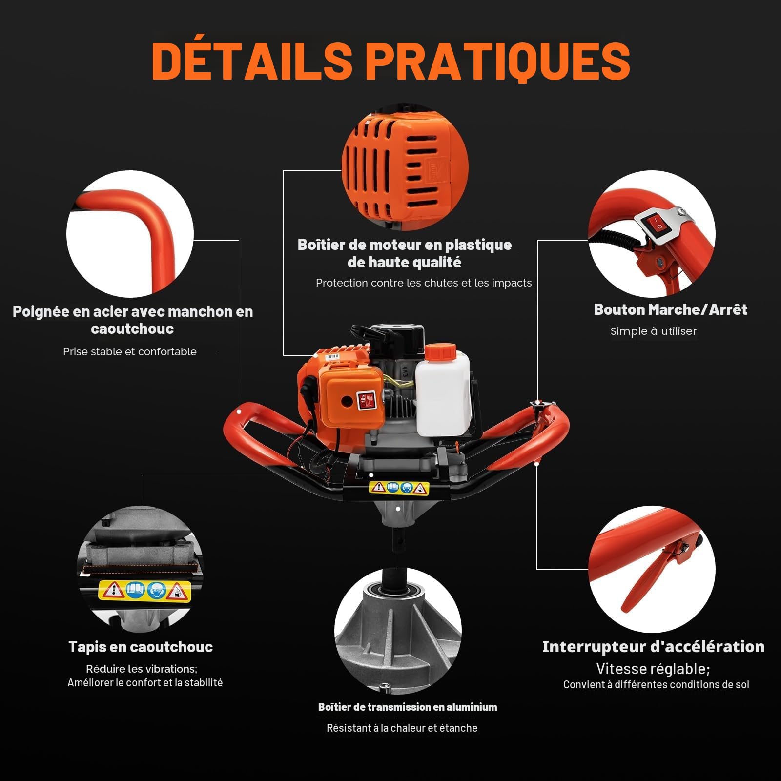 Tarière à essence 52 cc avec 3 forets (100/150/200 mm) | Profondeur de perçage 1,98 CV & 108 cm | Économie de carburant 600 g/kWh + amortissement des vibrations | Avec rallonge et kit d'accessoires