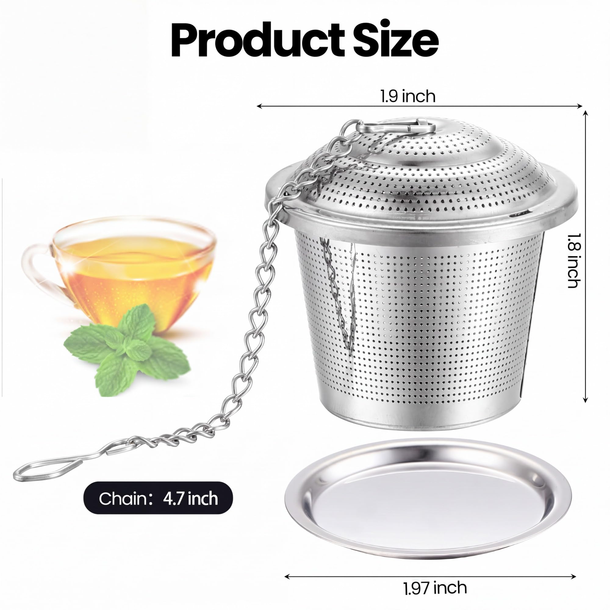 9 infusores de té de acero inoxidable con gancho de cadena extendida y platillo, hojas sueltas, filtro de bola de té de malla fina para preparar té, especias, condimentos, se adapta a tazas y botellas