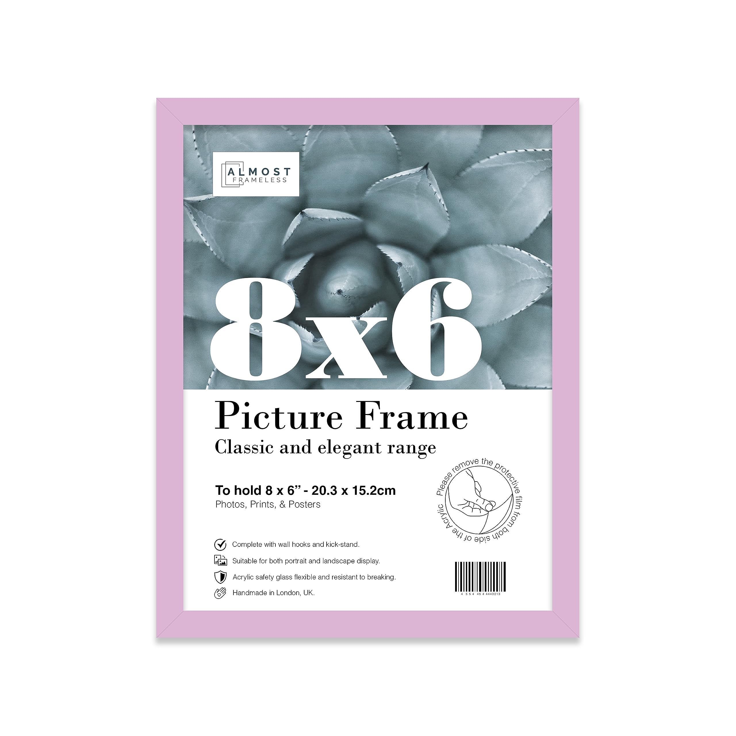 Almost Frameless 8x6 Lilac Picture Frame 8"x6"(20.3x15.2cm) Poster, Photo, Artwork, or Print. Thin Edge Slim Frame Portrait and Landscape Display with Wall Hooks