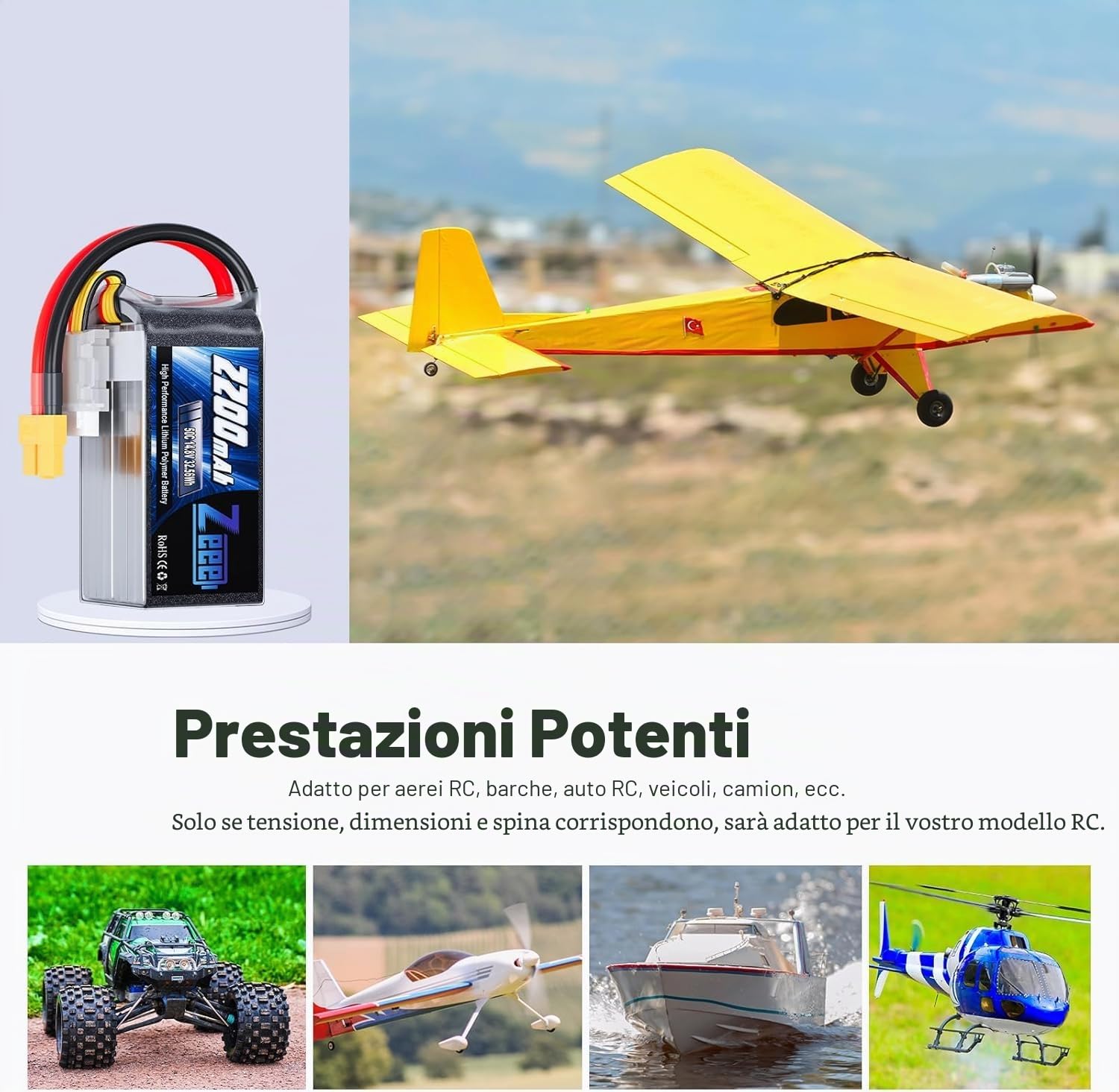 Zeee 4S Lipo 2200mAh 14,8V 50C Batteria RC con connettore XT60 (2 pezzi)