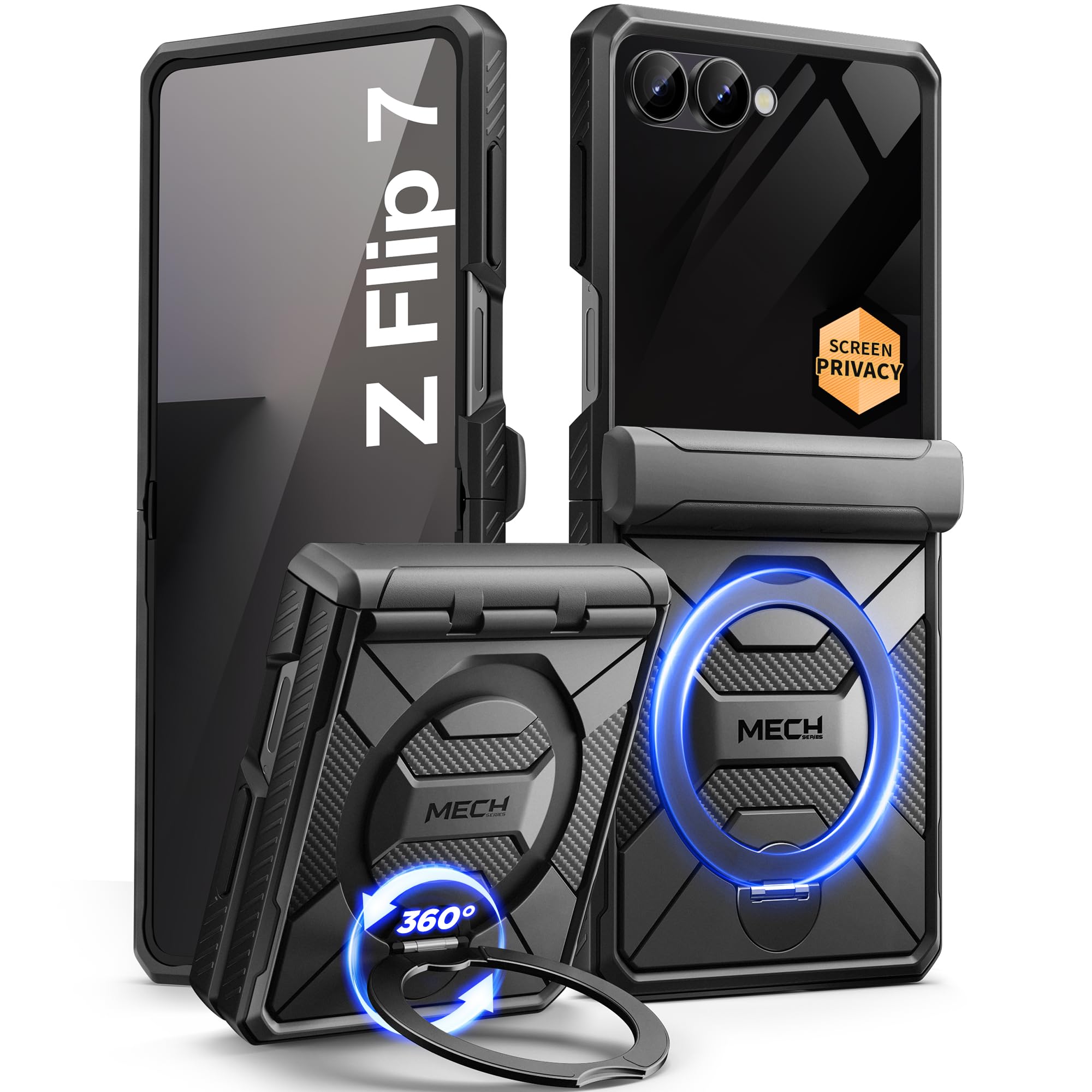 Tongate 360°Drehbarer Magnetständer für Z Flip 7 Hülle mit Privatsphäre Bildschirmschutz, [Kompatibel mit MagSafe] [Anti-Rutsch] [Scharnier Schutz] Ganzkörper Stoßfest Samsung Z Flip 7 Hülle, Schwarz | Kompatibel mit Magsafe, Anti-Spionage-Schutzhülle für