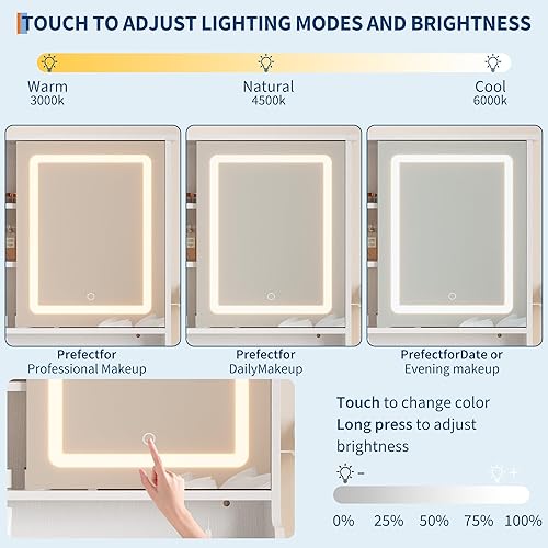 Miniatura 3 de GarveeHome Escritorio de tocador con espejo deslizante y luces, mesa de maquillaje blanca con taburete, tocador retráctil con estación de carga,