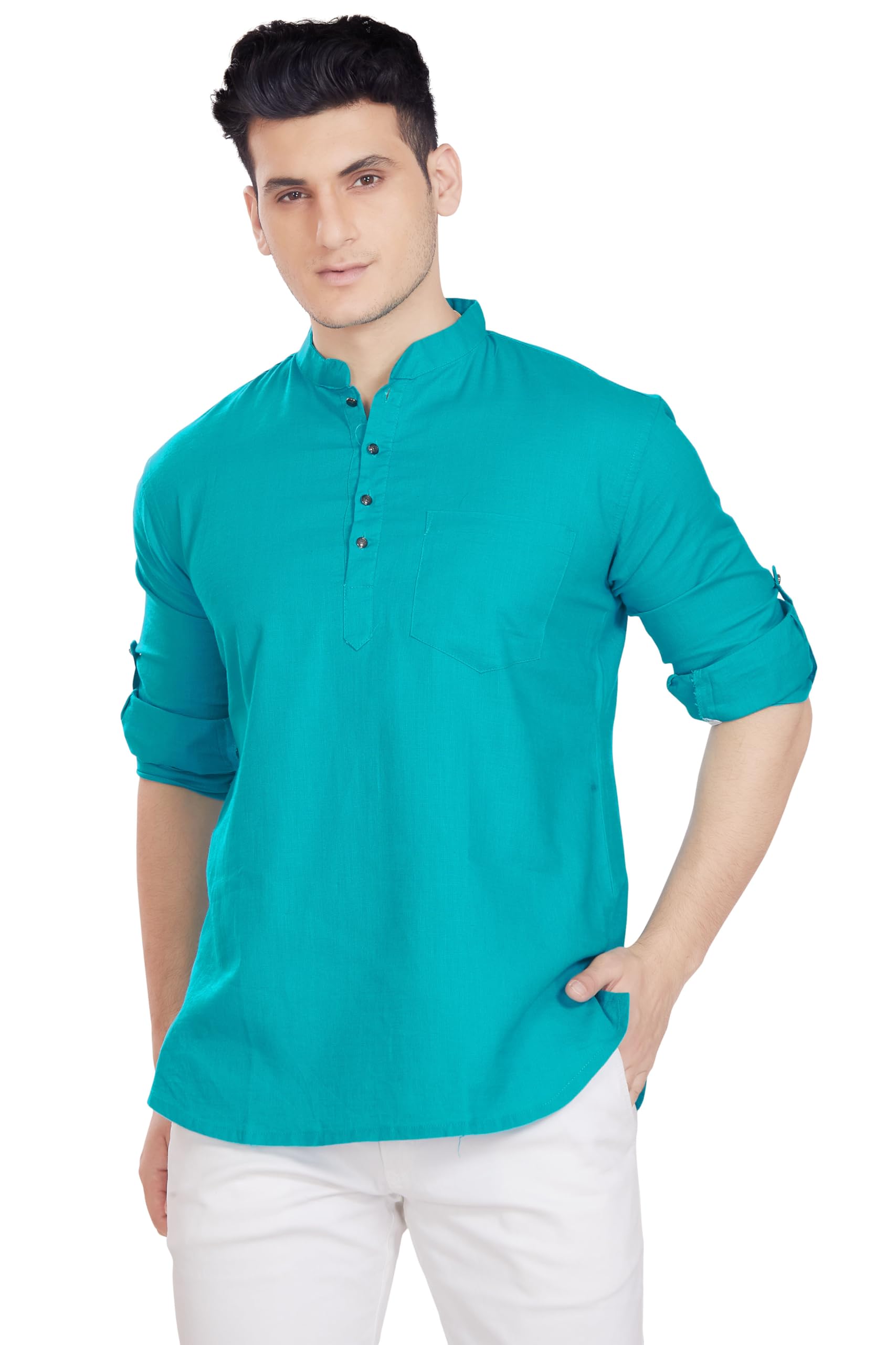 Divisive Men's Pure Cotton Relaxed Fit Short Kurta (Dkrt260_L_Turquoise)