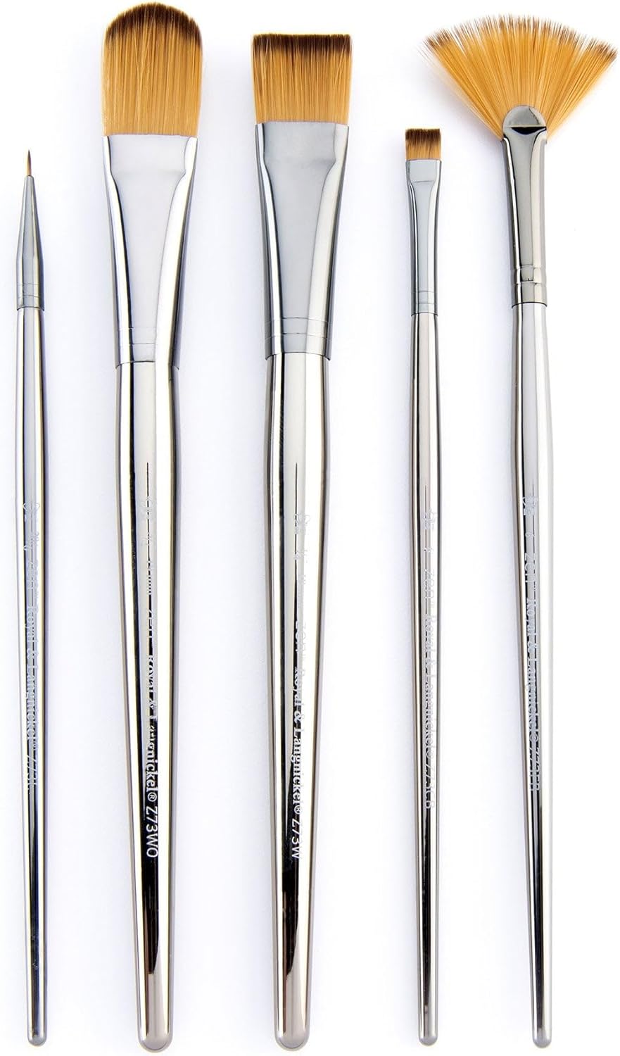 Royal & Langnickel, Zen Series 73 Set of 5 Brushes, Standard Handle, Synthetic Filament, Oval Wash 3/4, Wash 3/4, Fan 6, Liner 20/0, Blender 6, RZEN-SET736
