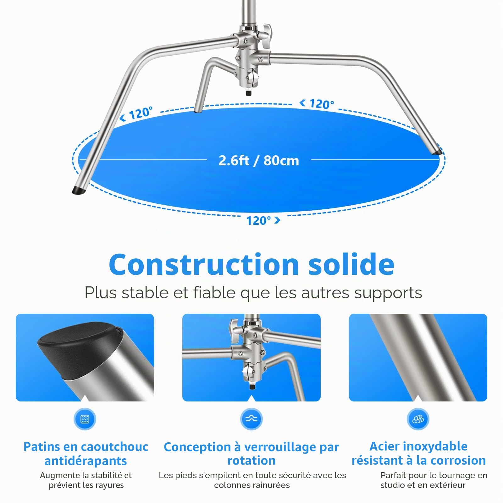 NEEWER C Stand Pro Robuste en Acier Inoxydable 100% avec Bras Boom,Hauteur Max 320cm Pour Lumière de Photographie avec Bras de Maintien de 128cm,2 Têtes de Grip pour Studio Monolight,Softbox, SC320