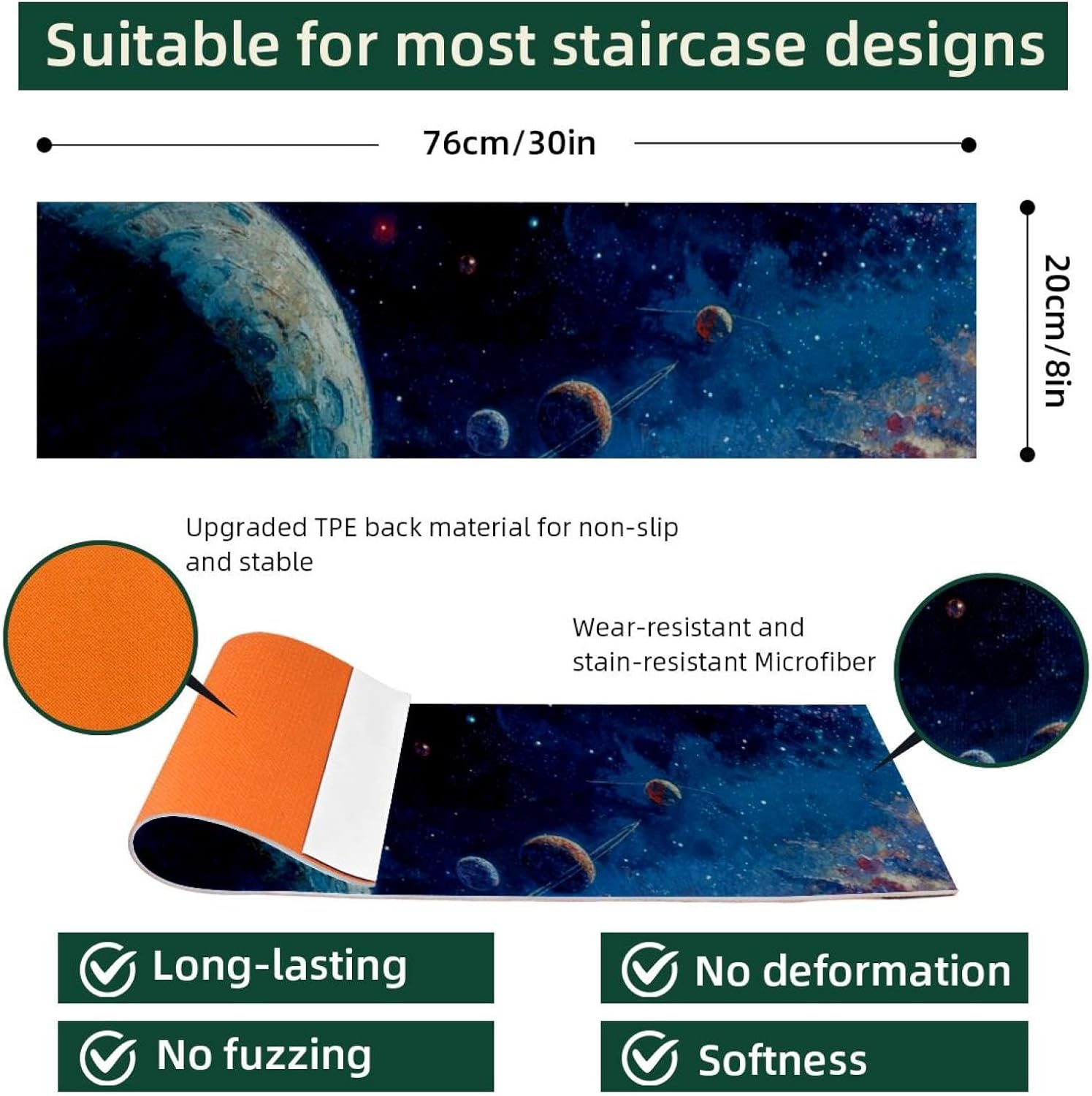 15 pcs Stair Treads 8"x30", Stars and Parade of Planets Indoor Stair Runners Carpet Stair Tread,Watercolor Non-Slip Staircase Step Treads for Kids,Elders,Pets