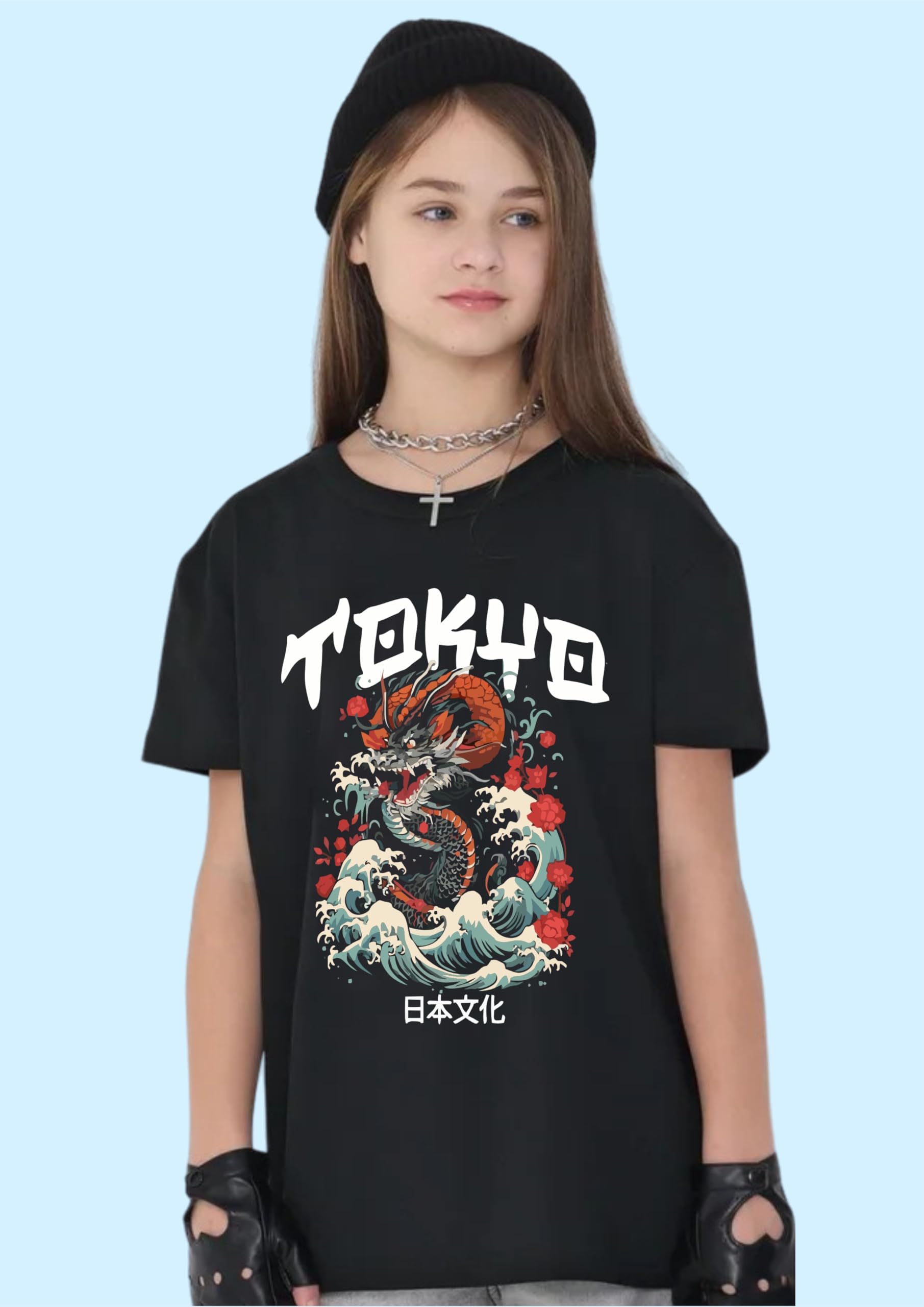 Uniplanet Store Camiseta negra de mezcla de algodón, media manga, ajuste regular, espalda Tokio, Japón, estampado negro