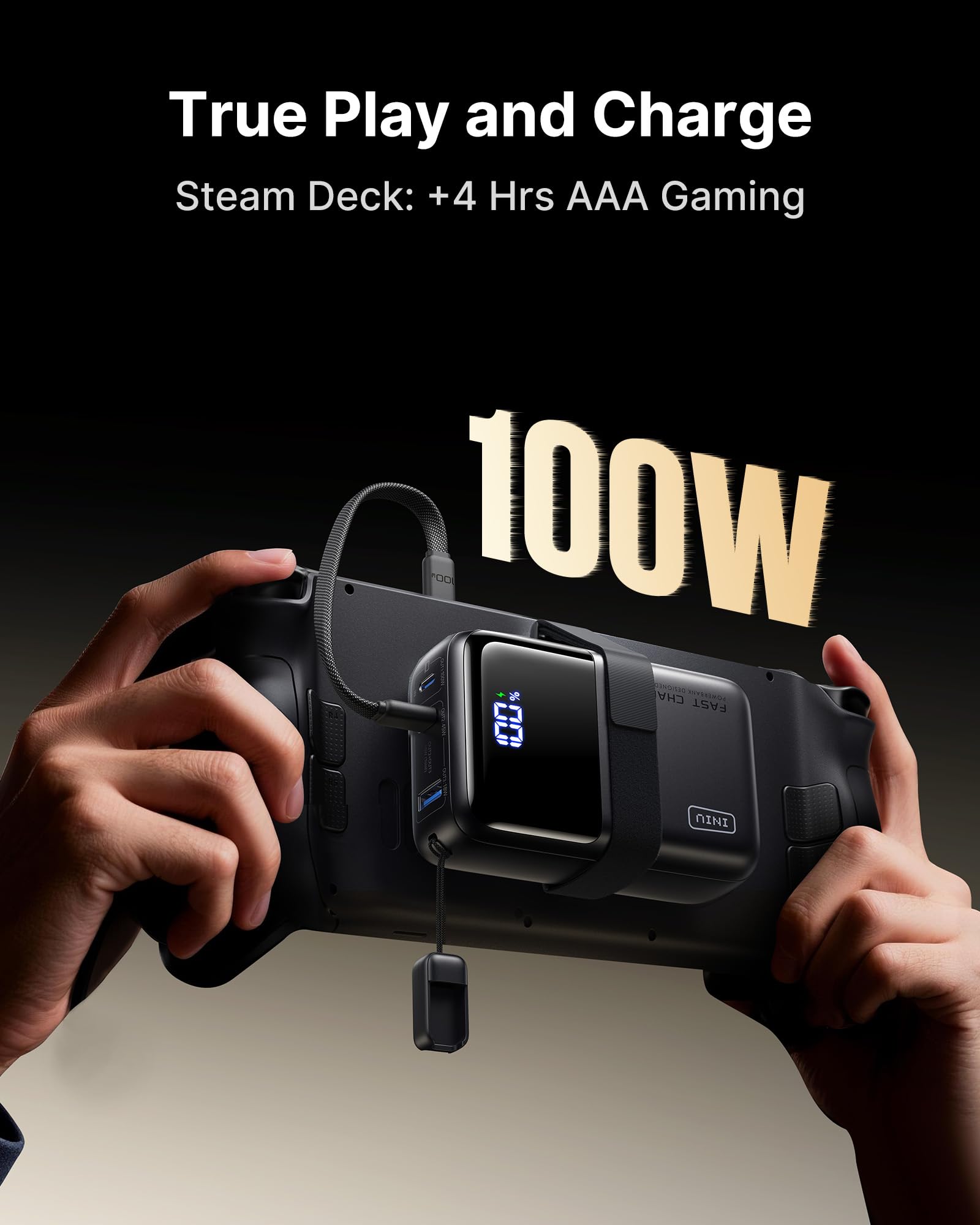 INIU 100W Laptop Power Bank, Ultra Kompakt 25000mAh Schnellladung Powerbank | Angebrachtem USB C Kabel, Flugtauglich, Reise-Essential, für MacBook, Steam Deck, iPhone 17/16/15 Pro, Samsung, iPad uvm