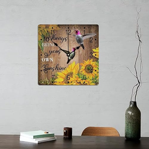Miniatura 6 de Reloj de pared de PVC Always Bring Yours Own Sunshine Relojes sin marco, colibrí, girasol, 12 pulgadas, cita refranes, cuadrado, silencioso, sin