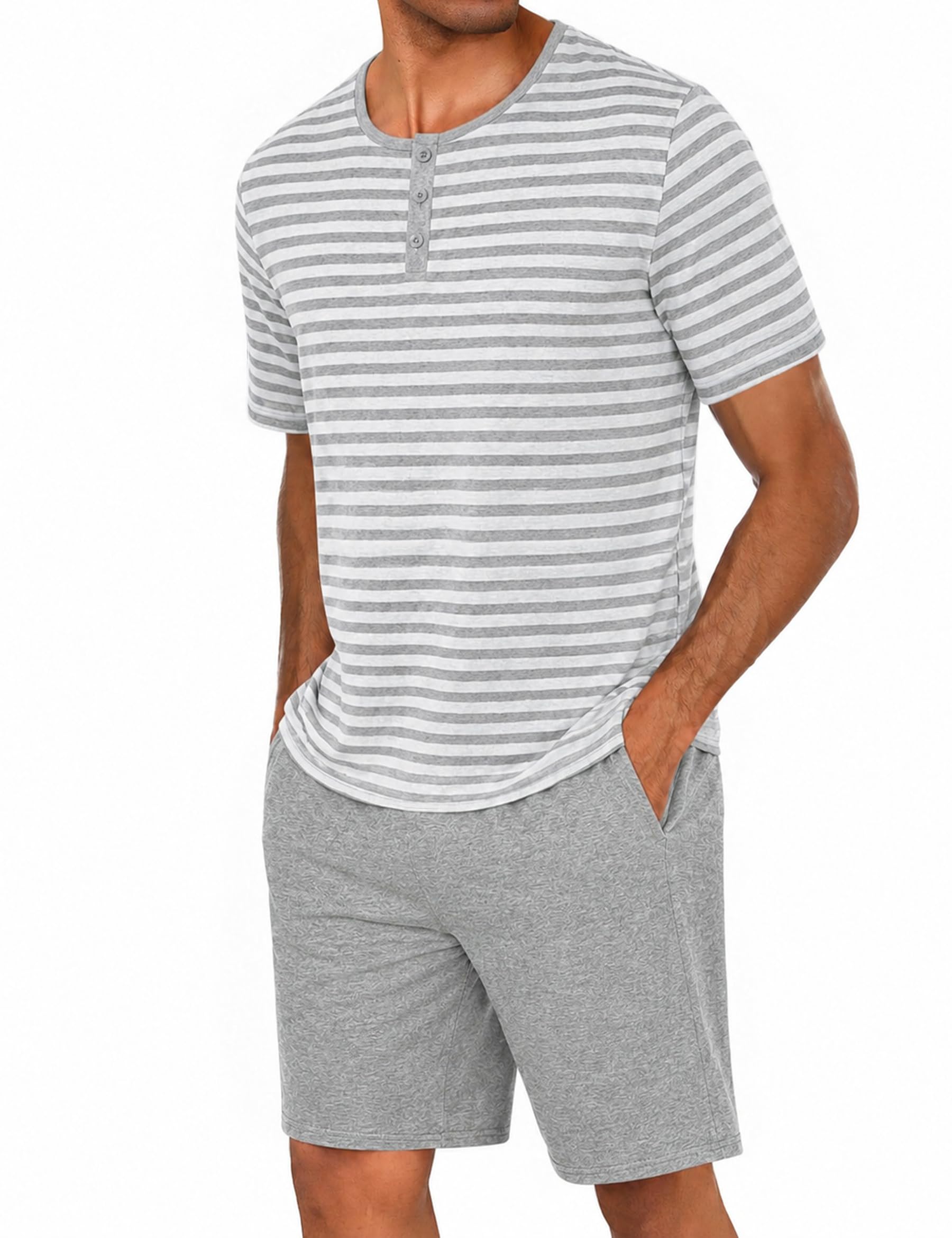 Marvmys Schlafanzug Herren Kurz Sommer Pyjama Set aus Atmungsaktiver Baumwolle Zweiteiliger Kurzer Nachtwäsche Männer Kurzarm T-Shirt und Kurze Hose mit Taschen Loungewear S-3XL
