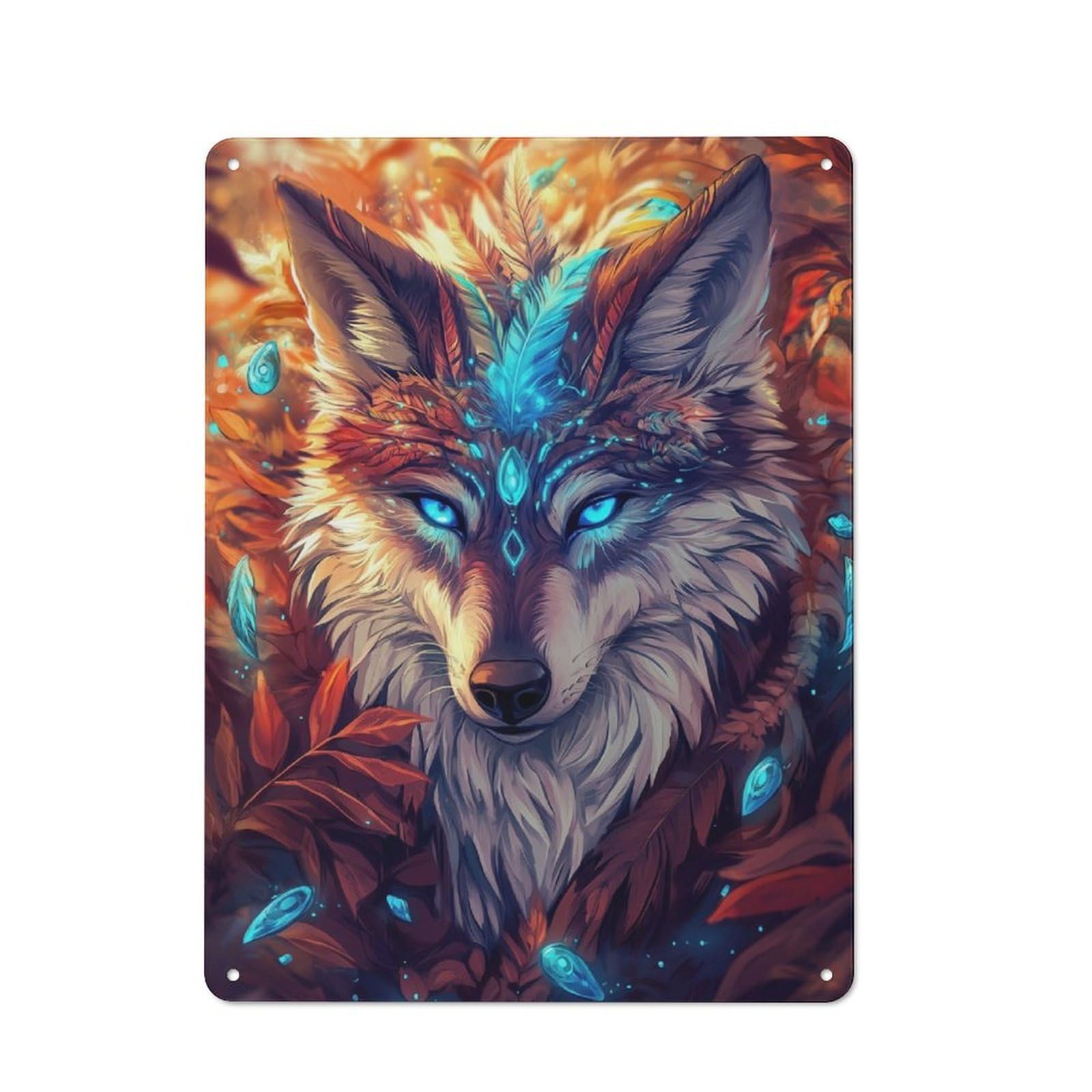 Junmoney Mystical Wolf With Feather Metal Wall Sign 40X30cm Featuring For Garage Wall, A Housewarming Gift For People Furnishing A Garage