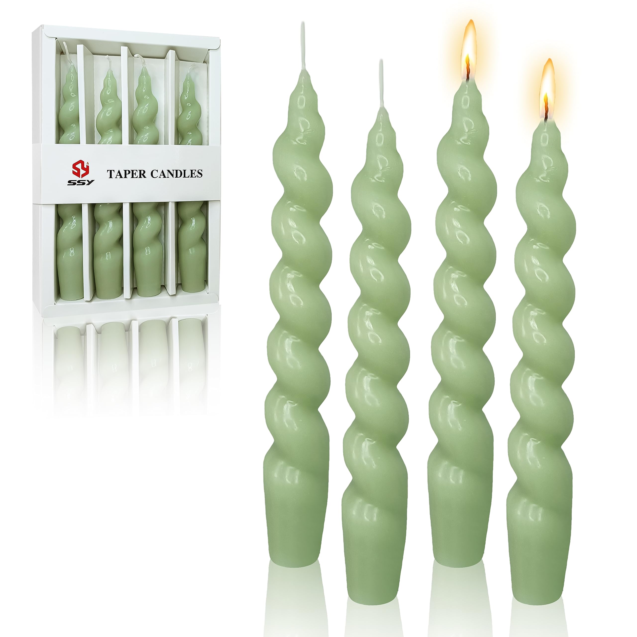 7.5 Inches Spiral Taper Candles Colorful Twisted Candle Dripless Long Candles, Handmade Candlesticks for Wedding Dinner Decor, Set of 4(Green)