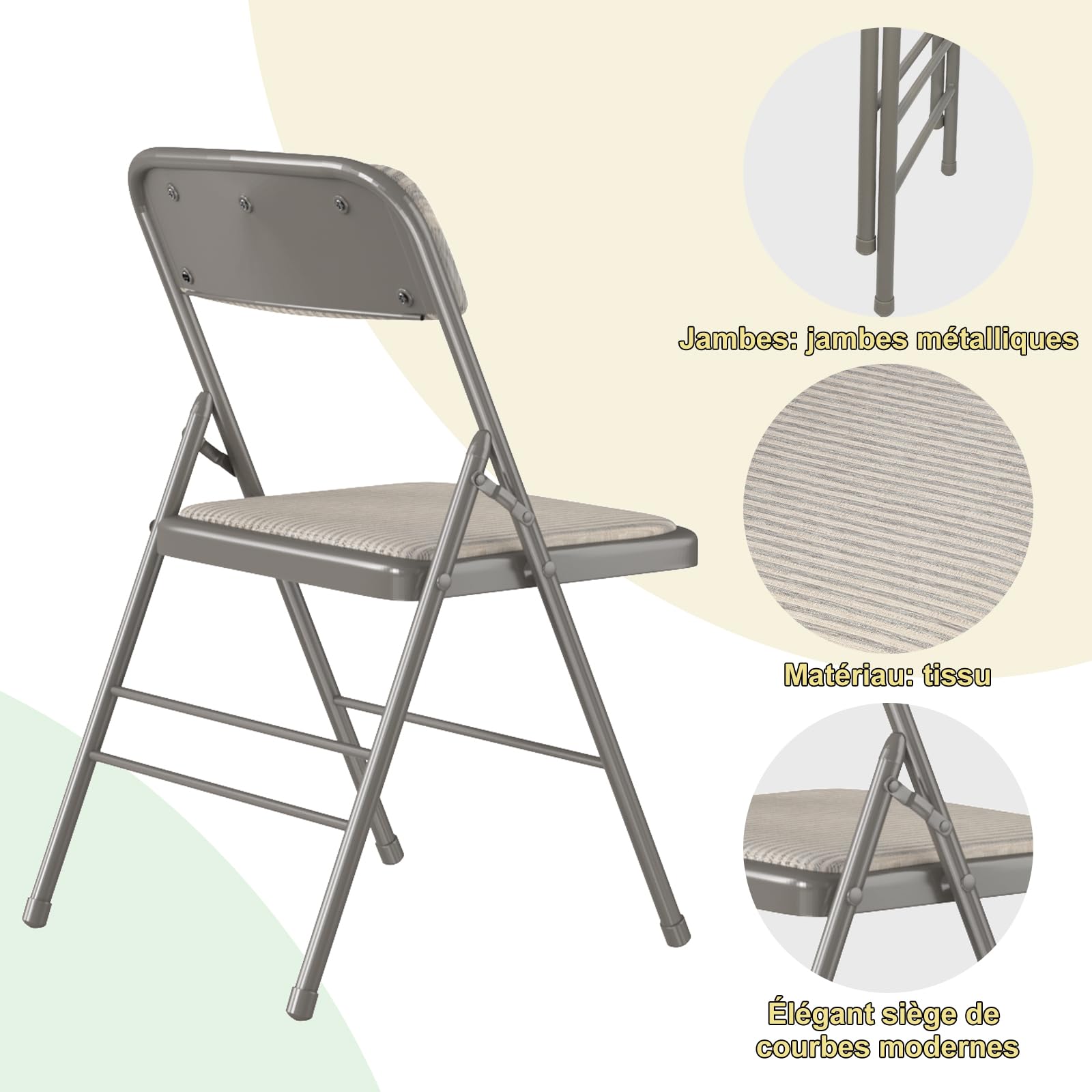Lot de 4 Chaise Pliante, Chaises de Salle à Manger en Tissu, Cadre en métal, avec Dossier, 45x48x78cm, pour Salon, Bureau, Salle à Manger, Gris