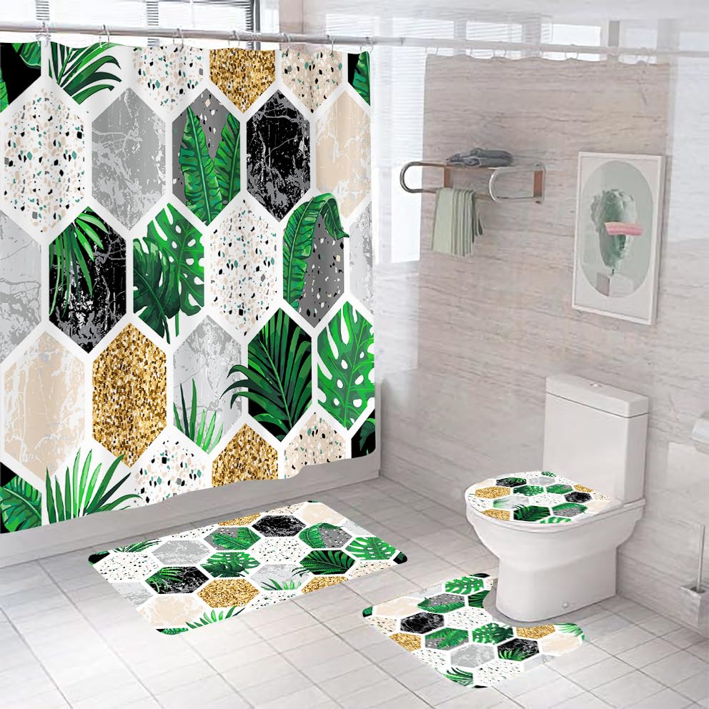 Rideau de douche feuilles tropicales et tapis pour une ambiance spa nature