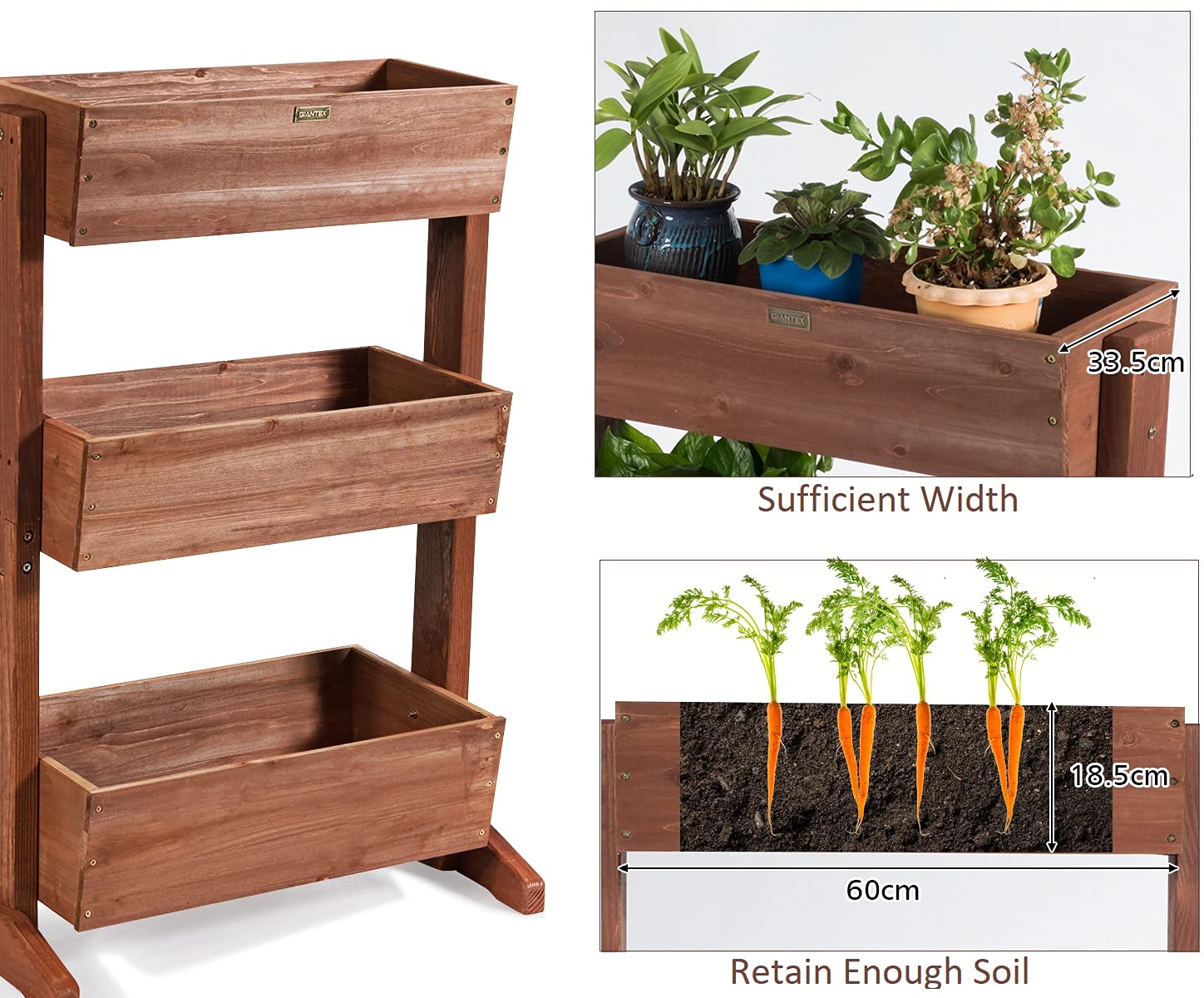 GIANTEX Bancal Vertical de Madera de Abeto con 3 Maceteros para Jardín, Huerto Elevado Ángulo Ajustable, Estantería de Escalera para Flores, Verduras, Plantas, Color Marrón