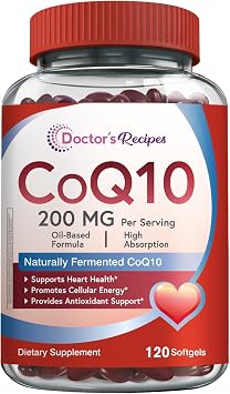 Doctors Recipes CoQ10 200mg Per Serving, High Absorption Coenzyme Q10 Supplement with Olive Oil, Heart & Vascular Health, Energy Production & Antioxidant Support, 2 Month Supply, 120 Softgels