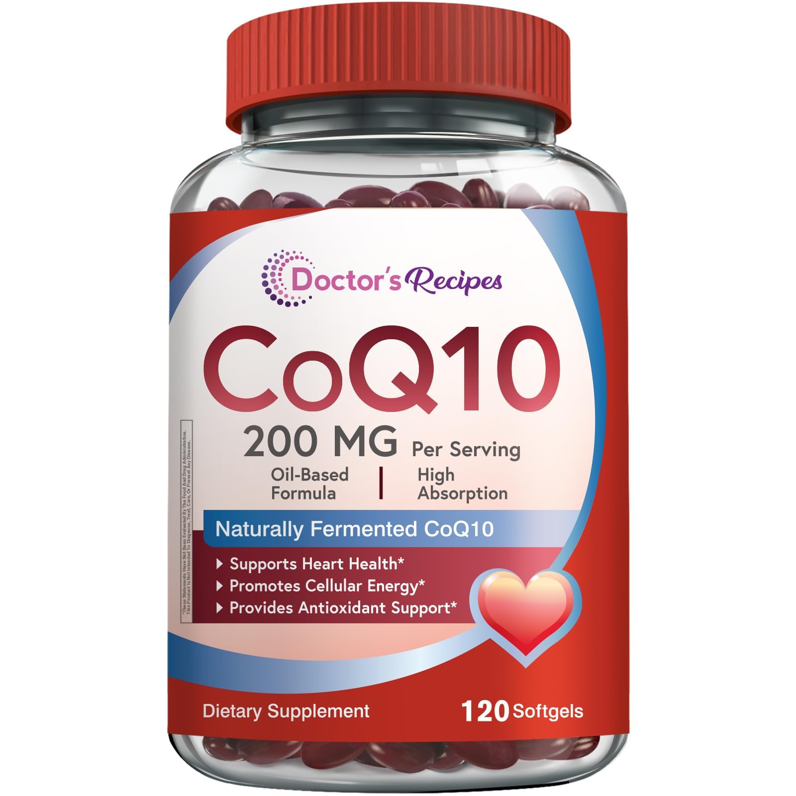 Doctor's Recipes CoQ10 200mg Per Serving, High Absorption Coenzyme Q10 Supplement with Olive Oil, Heart & Vascular Health, Energy Production & Antioxidant Support, 2 Month Supply, 120 Softgels 120 Count (Pack of 1)
