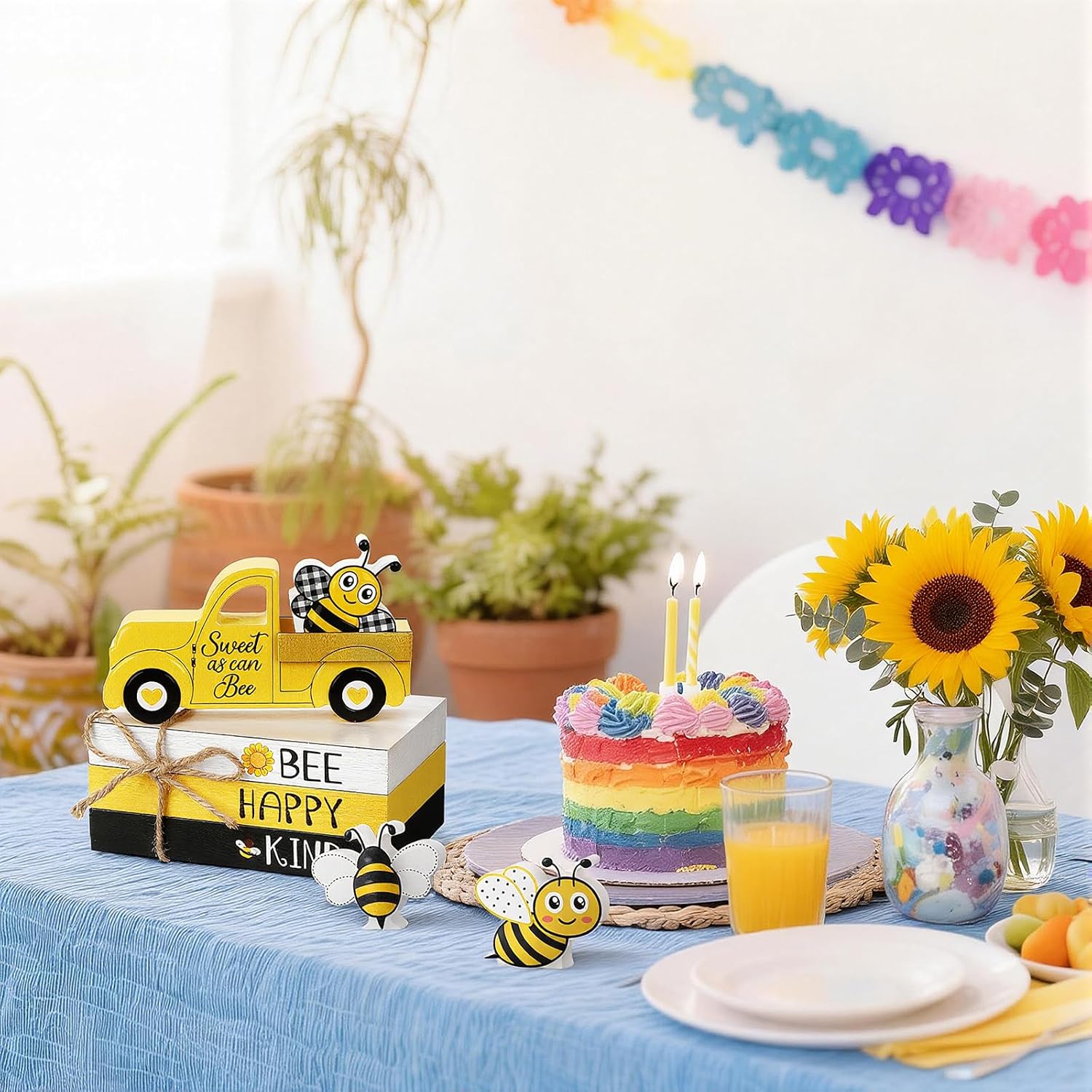 7Pcs Bee Wooden Table Sign Bee Decor Wooden Book Stack Summer Woo-den Table Centerpiece Sign Rustic Farmhouse Table Decoration for Holiday Home Honey Party Supplies