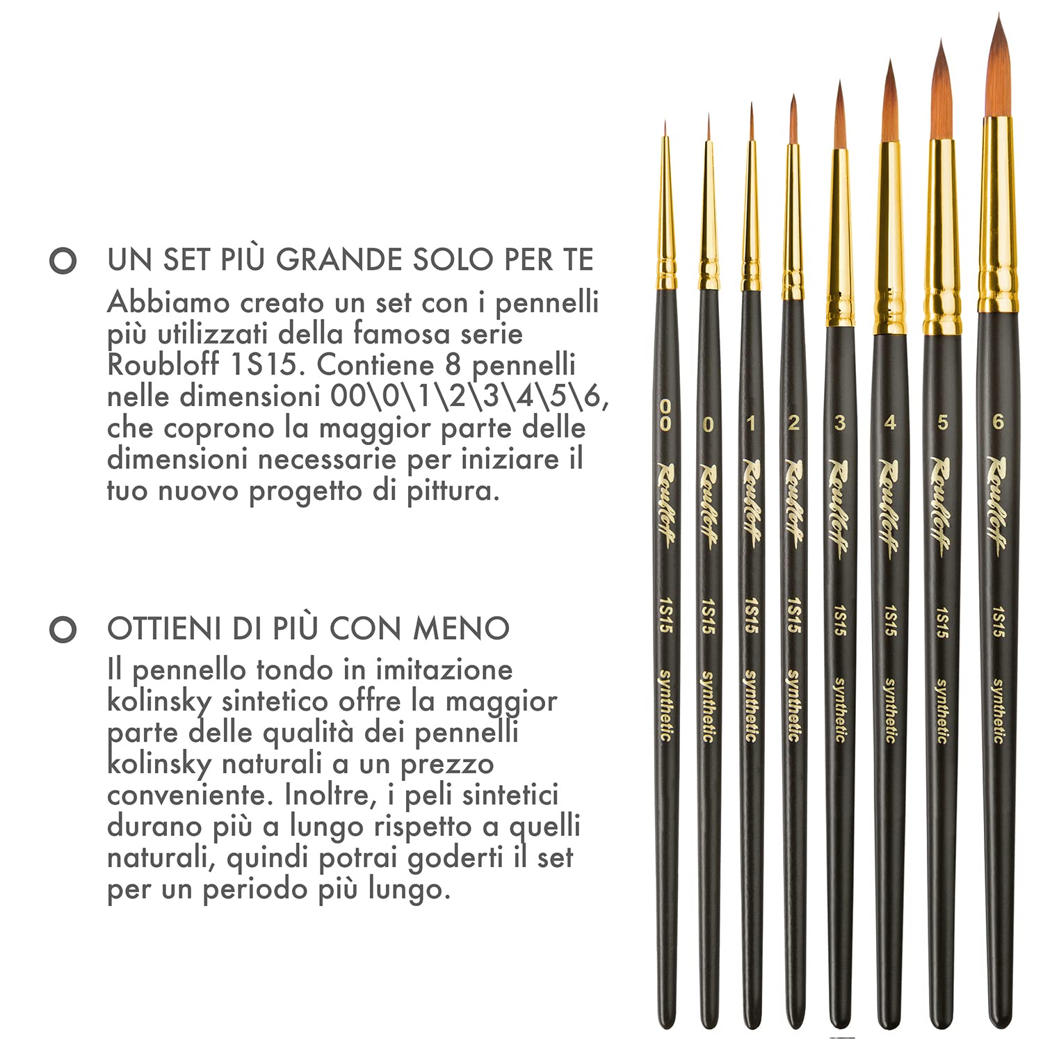 Set di Pennelli Roubloff Professional Kolinsky Imitation | 8 Tondi Sintetici nelle Misure 00, 0, 1, 2, 3, 4, 5, 6 | utilizzare con Acrilico, Acquerello, Gouache e Colori ad Olio