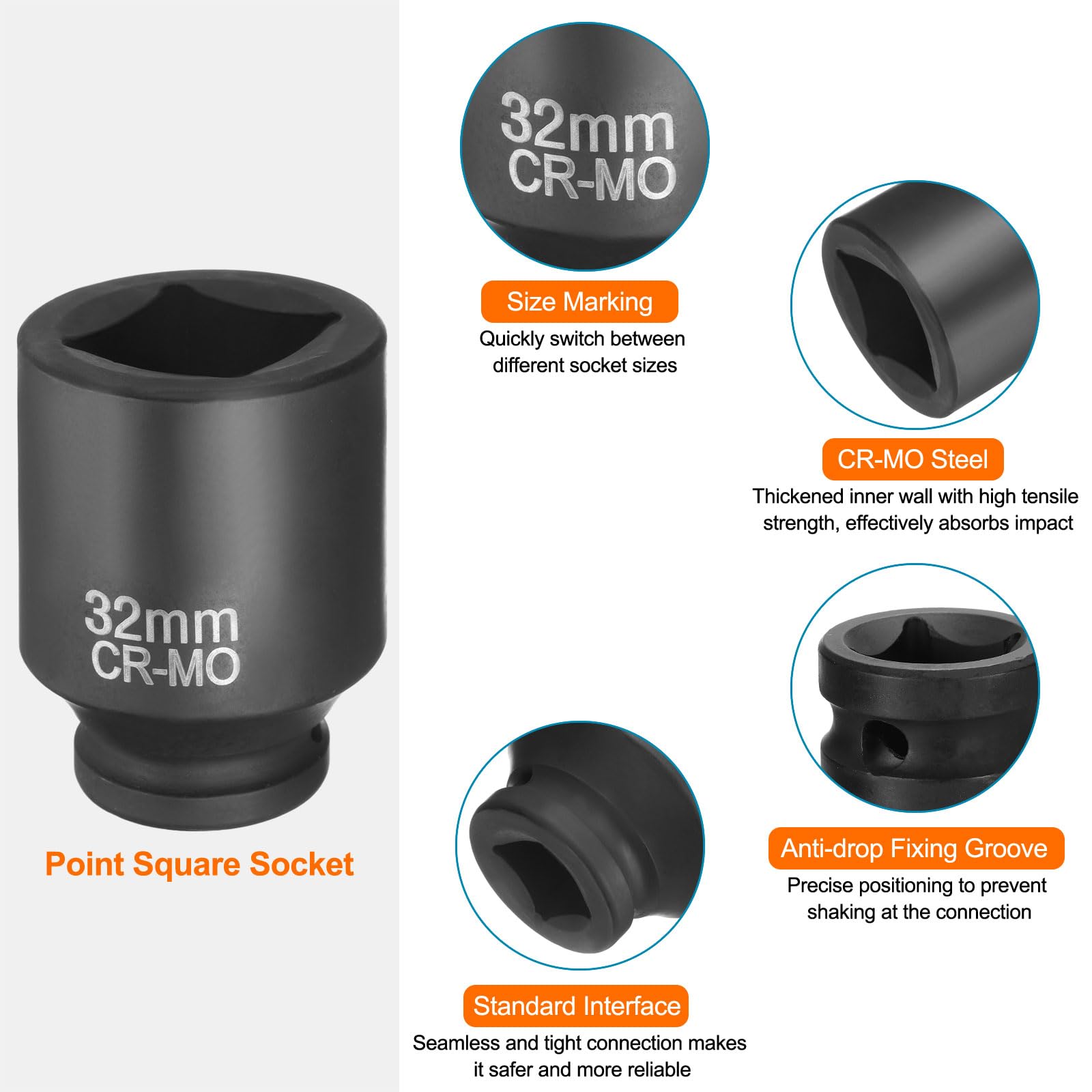 sourcing map Lot de 2 douilles carrées à 4 points 3/4" 32 mm - Douille à choc carrée CR-MO noircissement standard manchon de roue pneumatique outil pour réparation automobile, entretien mécanique et