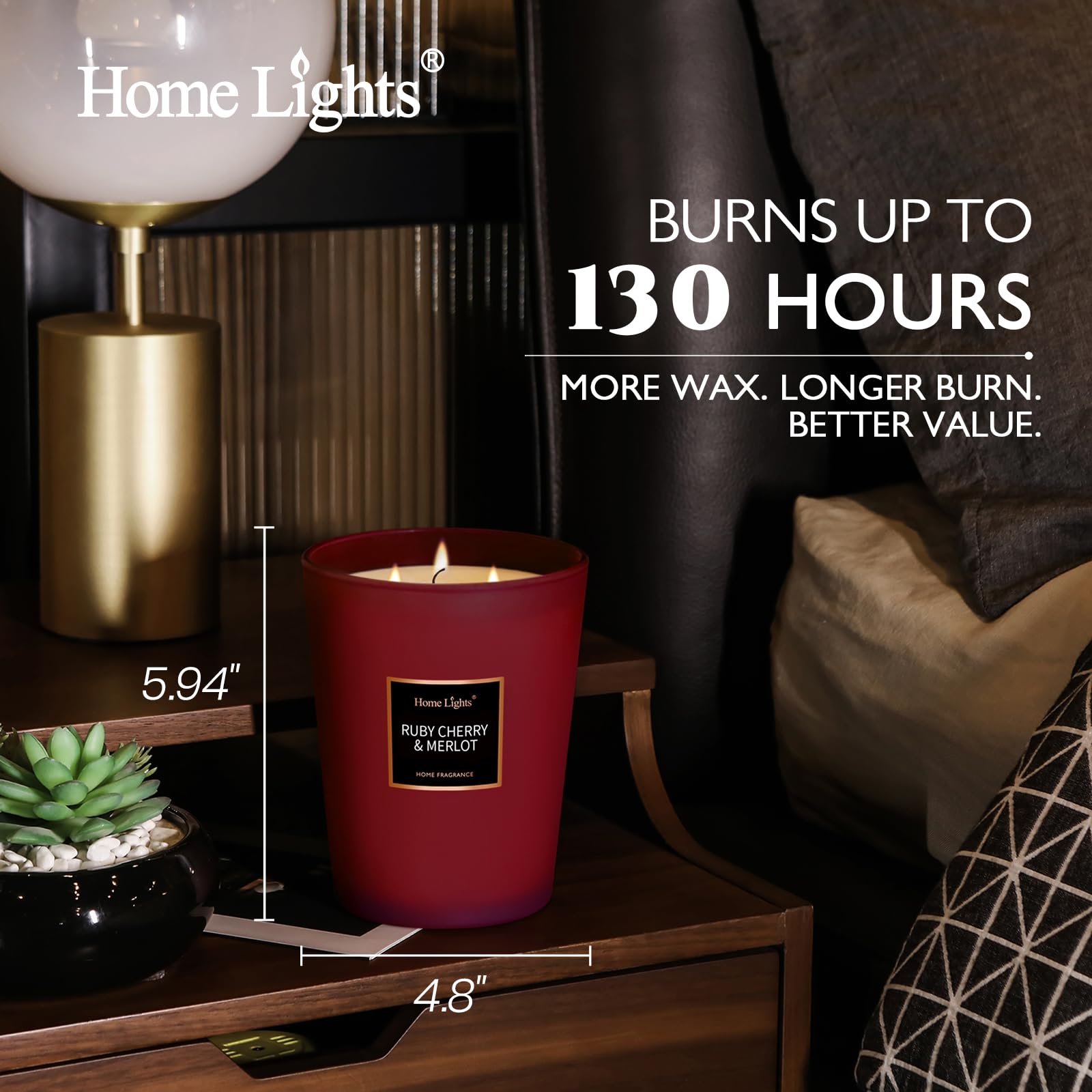 HomeLights Bougies parfumées en pot, bougies de soja naturel, 3 mèches en coton, longue durée de 130 heures, bougie d'aromathérapie, Rubis cerise et merlot