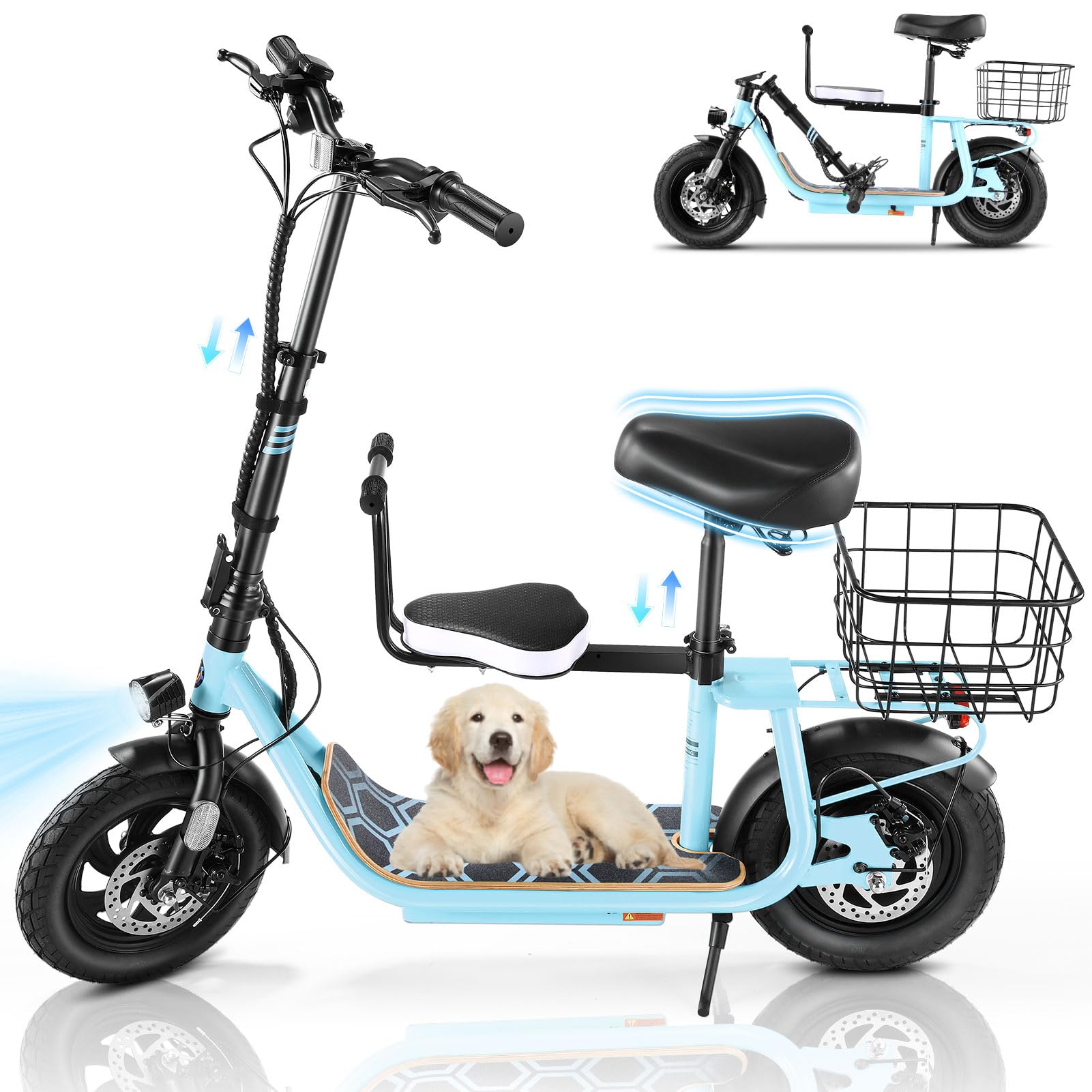 Caroma Peak 1200W/800W Electric Scooter with Seat, 30 Miles Max Range, Key Start Electric Scooter Adults&Teens, Up to 20MPH Foldable Ebike, Adjustable E-Bike with Basket&Kid Seat, Commuter Escooter