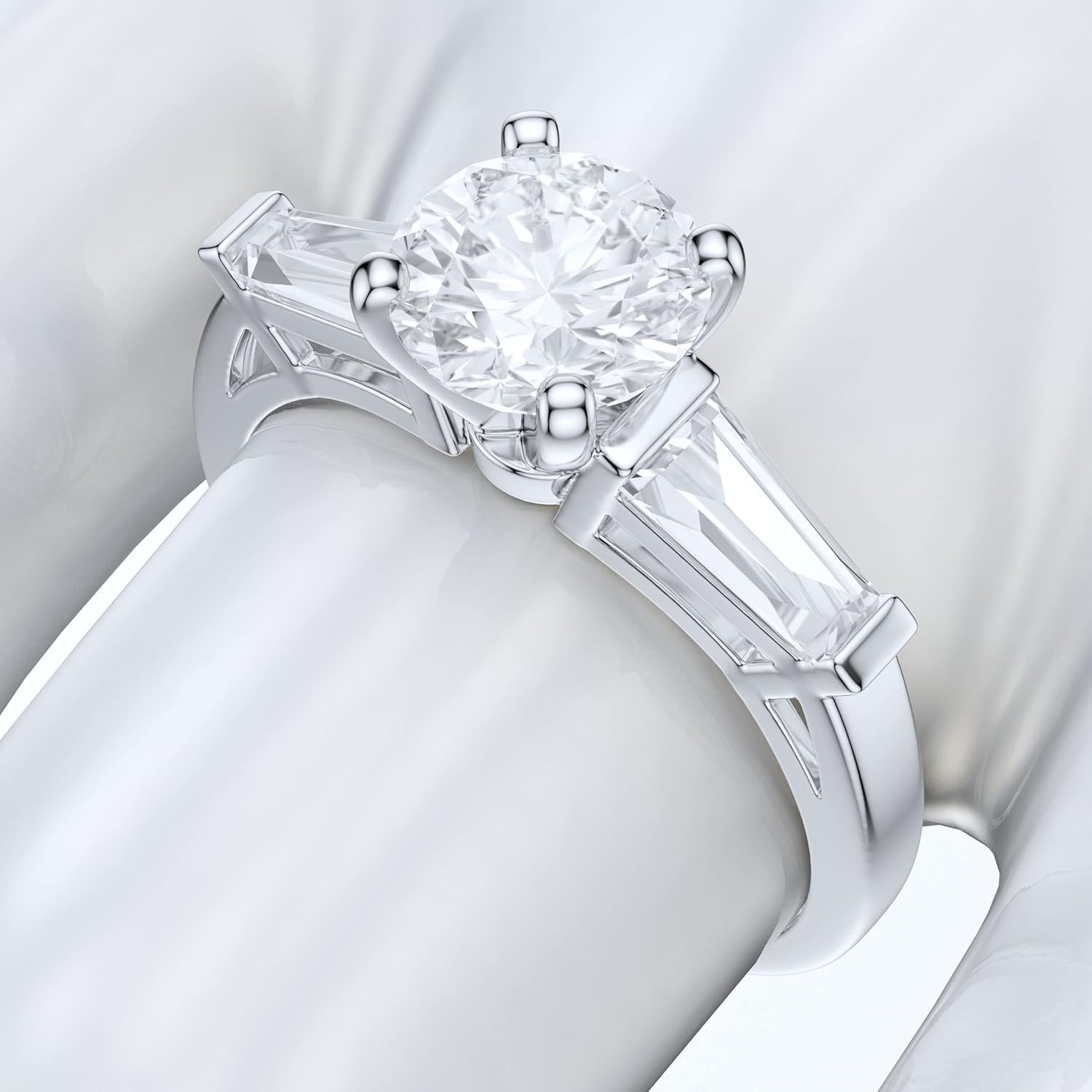 14k White Gold Tapered Baguette Side Stones 1CT Simulated Round Cut Diamond or Moissanite Engagement Ring