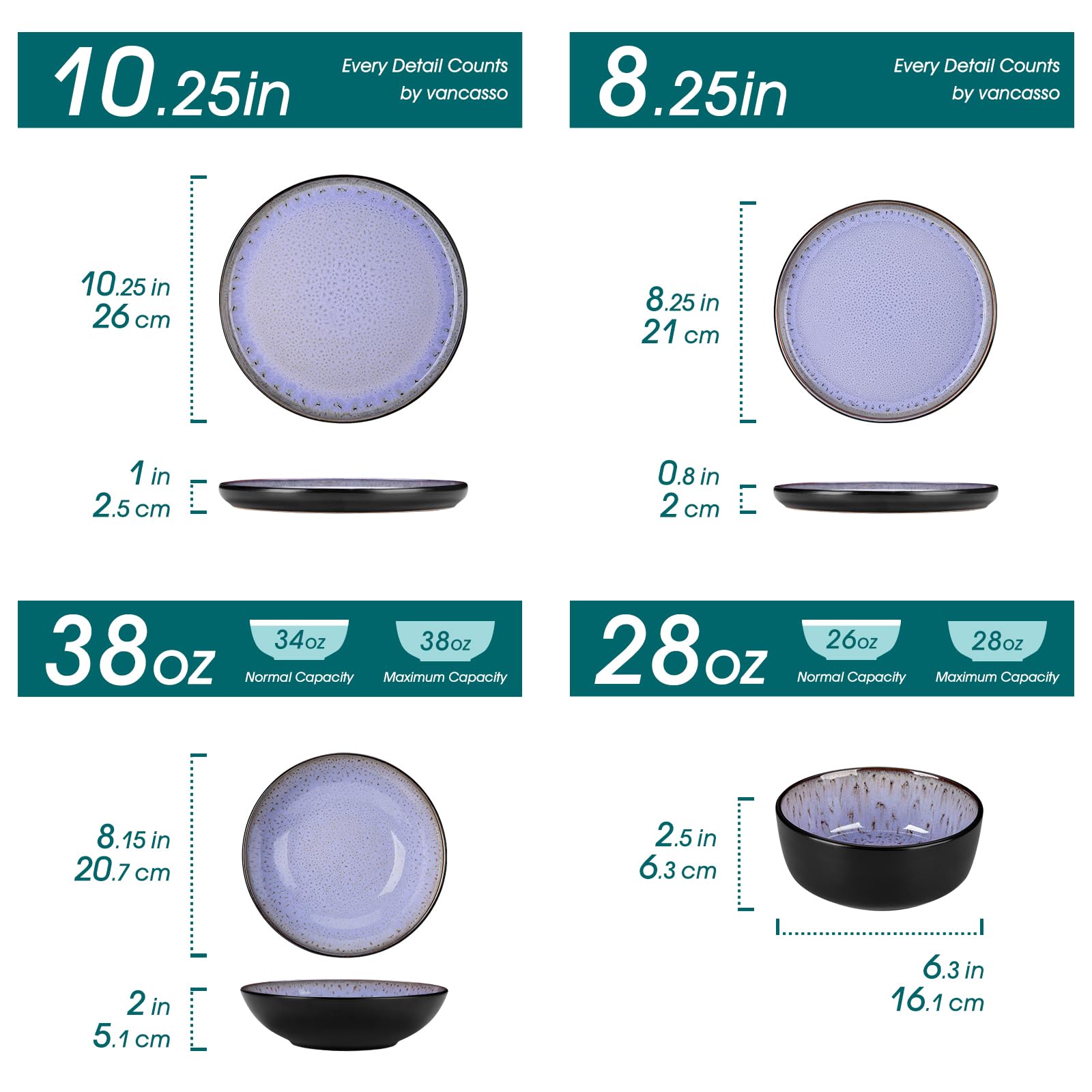 The vancasso Amber 24-Piece Dinner Set in its signature purple hue, showcasing the unique, artistic reactive glaze finish.