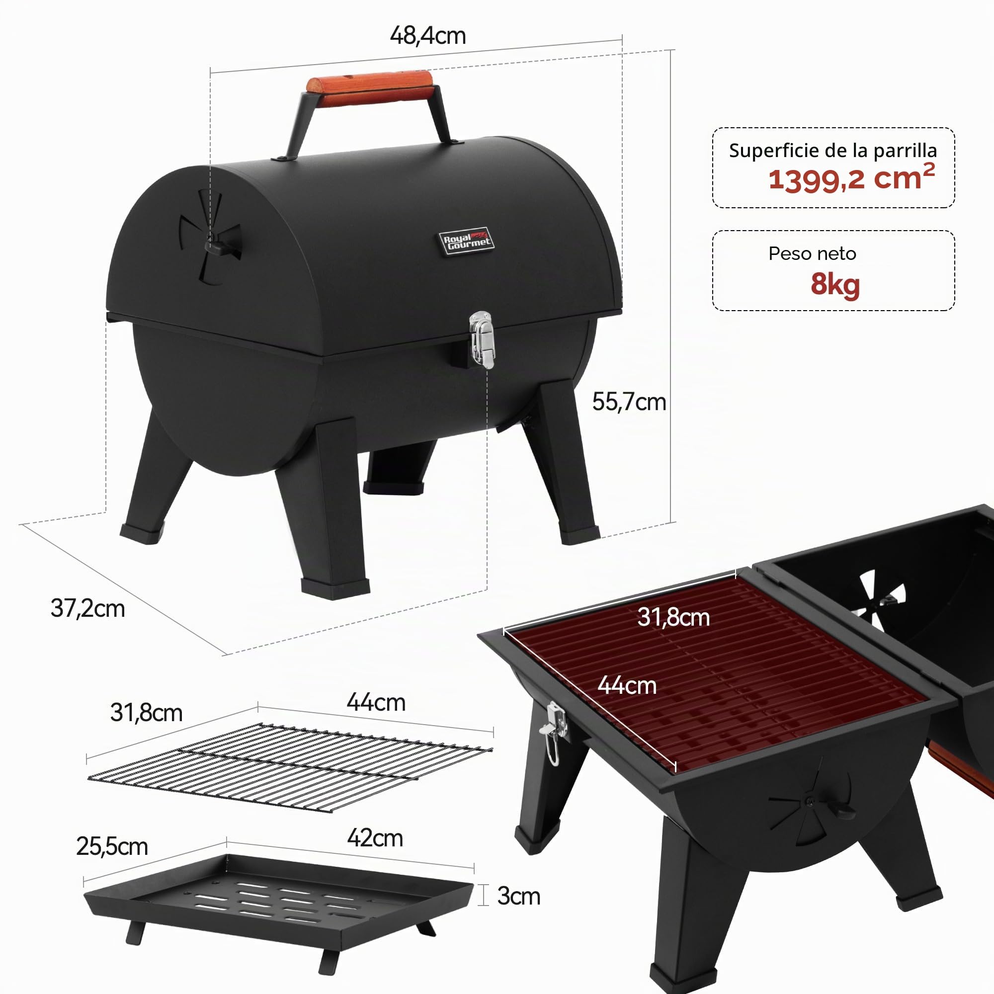 Royal Gourmet Barbacoa portátil de carbón vegetal, barbacoa de camping para jardín, pícnic, barbacoa de mesa de carbón, barbacoa plegable con cierre a presión y mango de madera, color negro