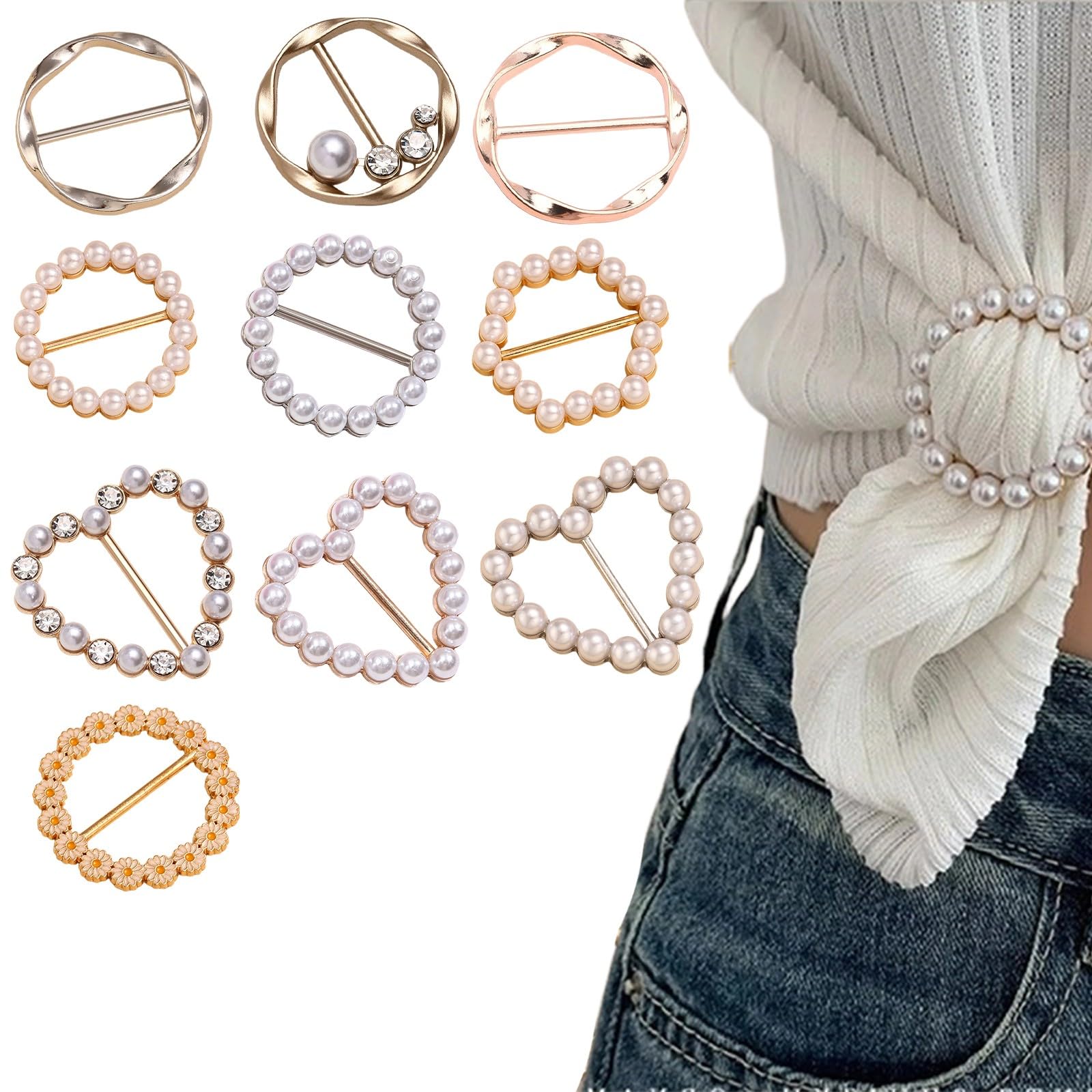 10 Pezzi Ferma Foulard Clip per T-Shirt da Donna Anello per Sciarpa di Seta Fibbie per Cinture Bottone d Angolo per Vestiti Cuore Margherita e Perle Oro e Argento - 1