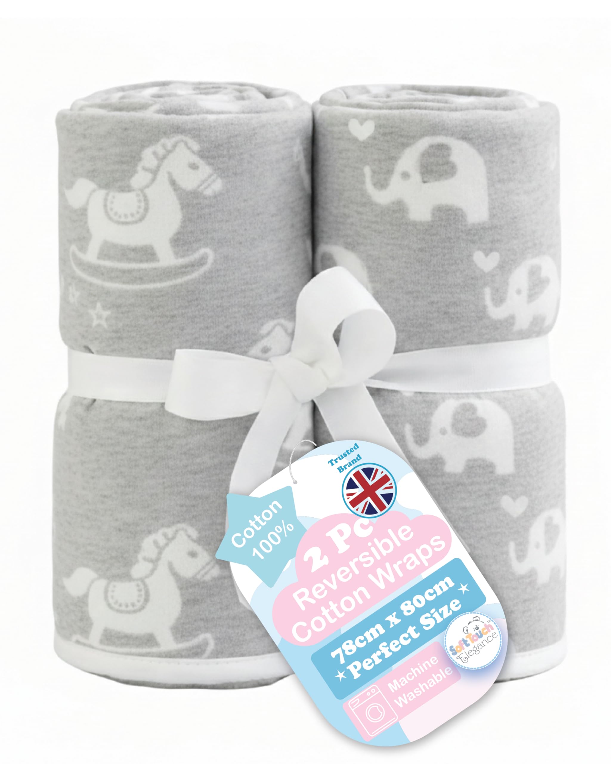 Soft Touch Baby Blanket 2 Pack Reversible 100% Cotton Wrap, 80 x 78cm Soft Baby Blanket, Swaddle Wrap for 0-24 Months, Rocking Horse, Elephant or Panda