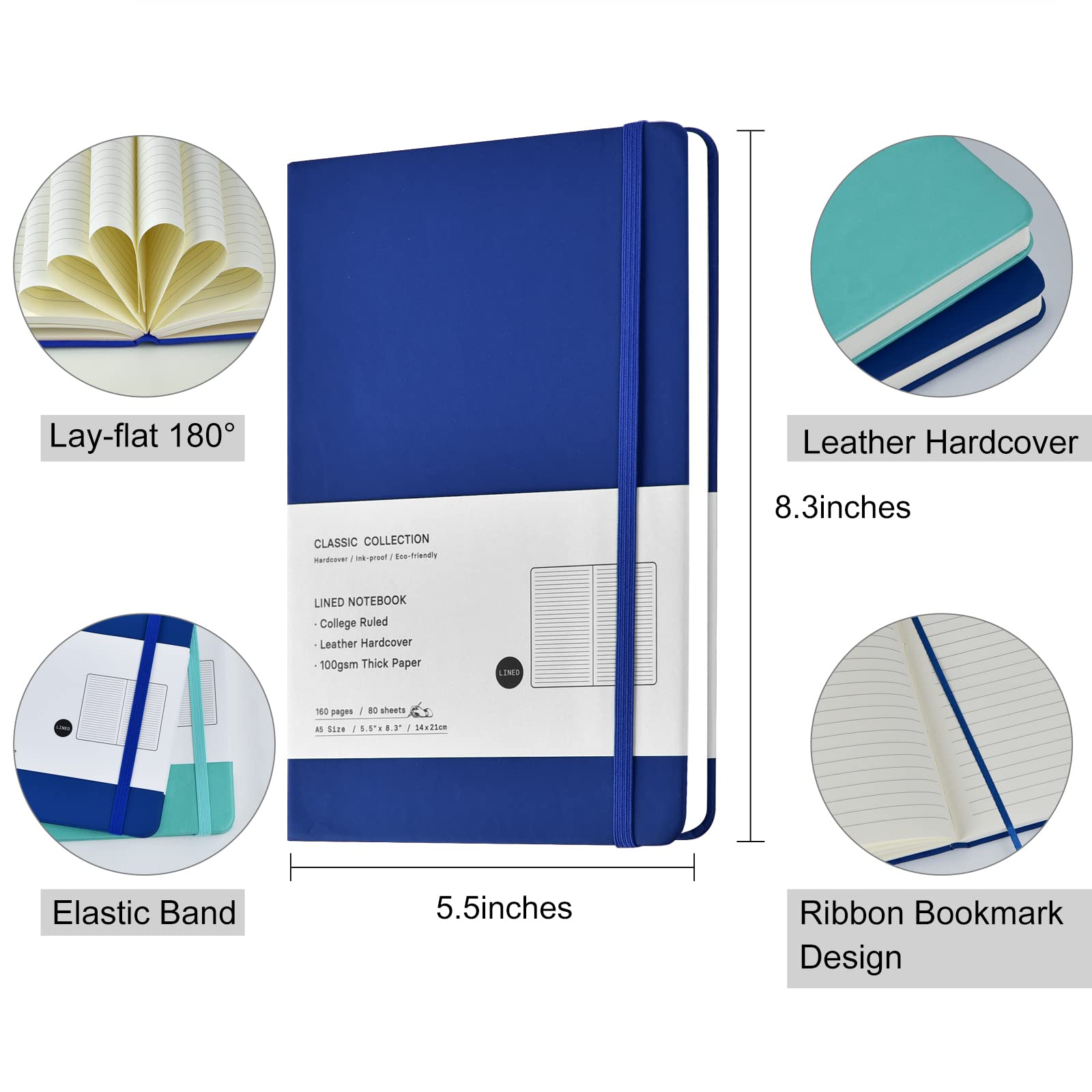 24 Stück A5 Tagebuch-Notizbücher, klassisch, liniert, Hardcover, Kunstleder, liniert, für Büro, Zuhause, Schule, Business, 21,1 x 14 cm, 100 g/m² dickes Papier, 160 Seiten (6 Farben)