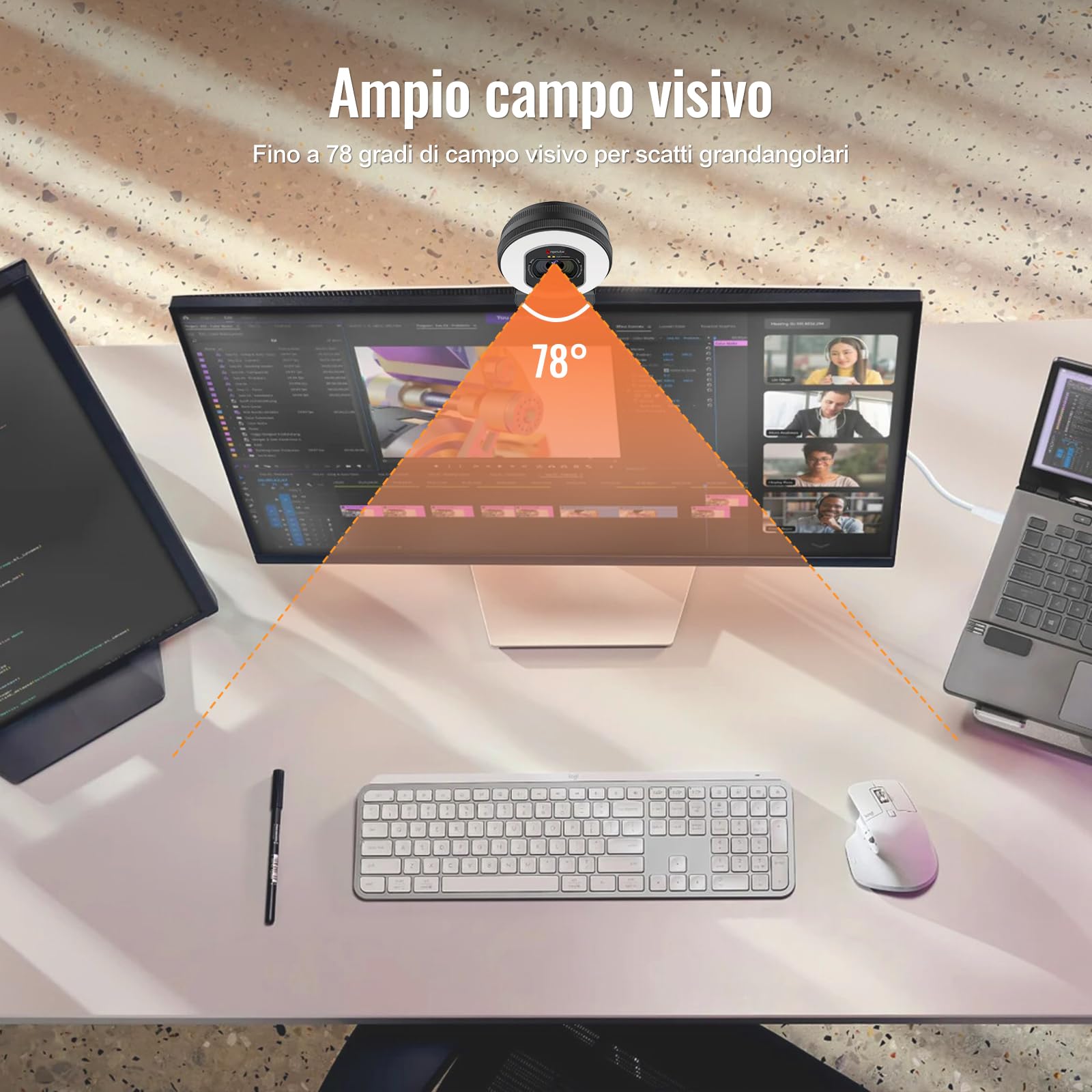 Angetube Webcam 4K con luce per PC: UHD 4K, TOF messa a fuoco automatica, doppio microfono AI con cancellazione del rumore, 1080p@60FPS, webcam streaming USB w/copertura privacy per laptop e Mac