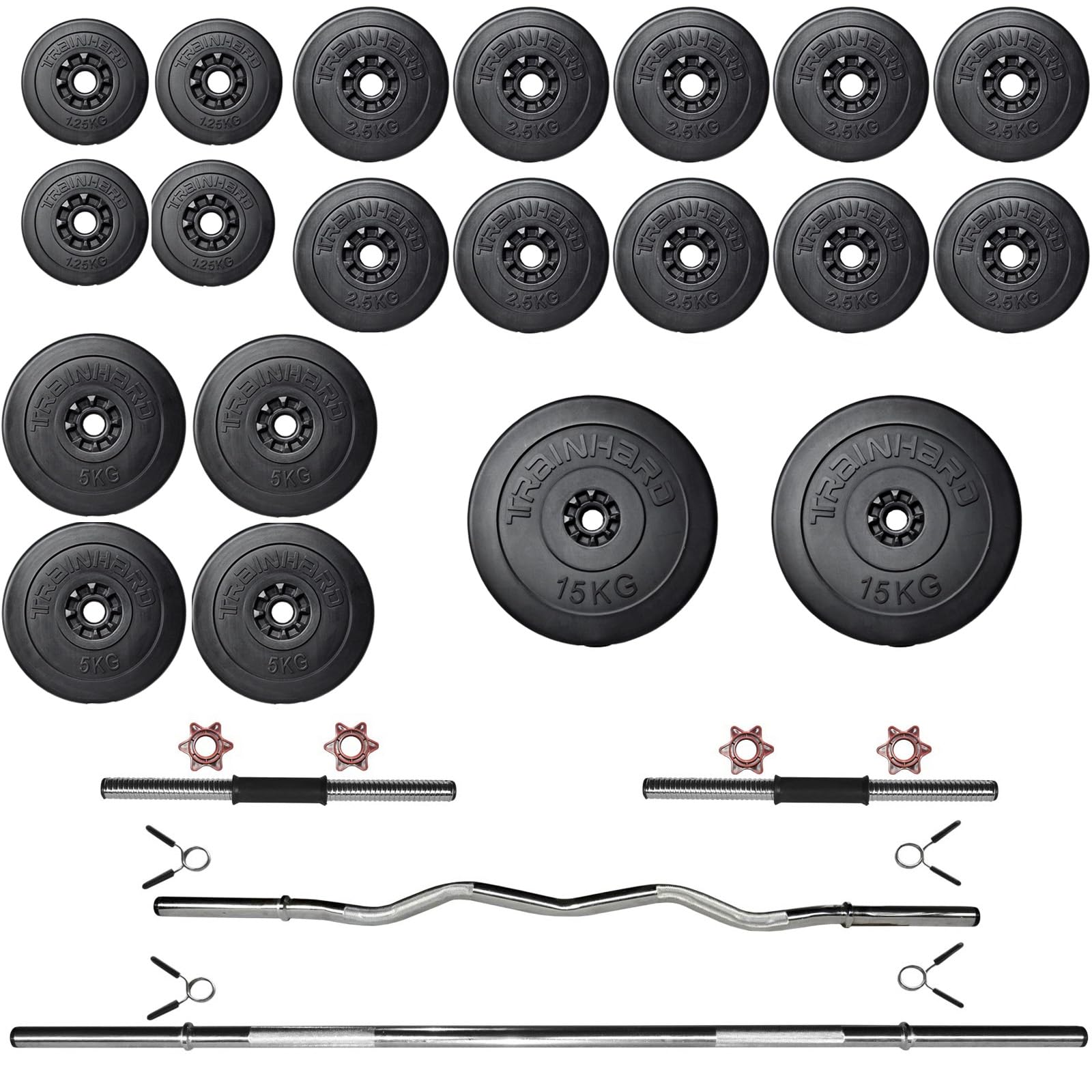 Train Hard BlackCombo Halterbank, multifunctioneel, inklapbaar en verstelbaar, met gewichten 50 kg tot 160 kg, lange halter korte halter curlhalter bijv. keuze (met 90 kg lange en korte halter