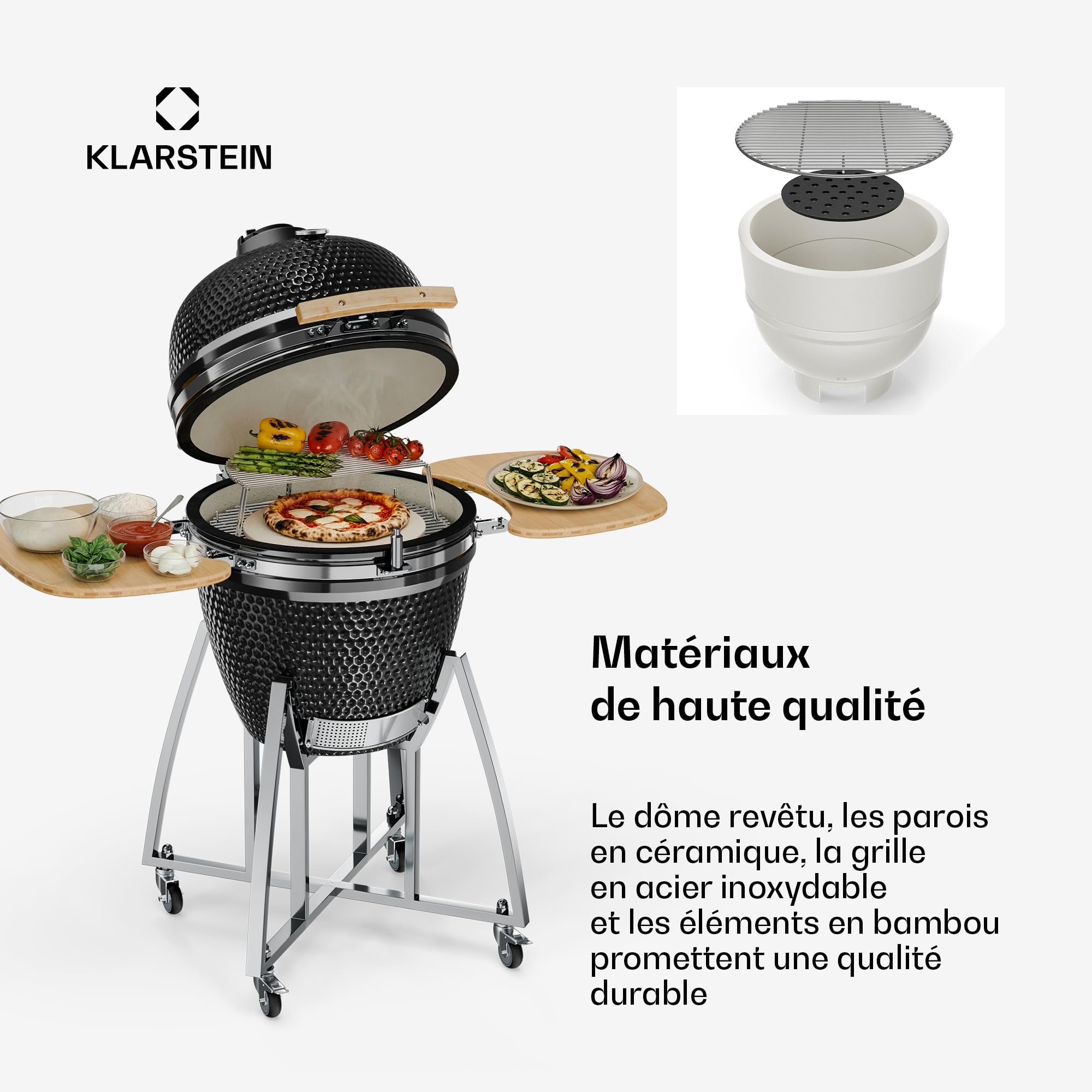 Klarstein Kamado-Grill - zum Grillen, langsamen Garen, Smoken oder Backen, abnehmbare Seitenteile, Keramik, Edelstahl, Bambus, Thermometer von 0-400 °C, 3 Rollen, 75 x 132 x 125 cm, schwarz