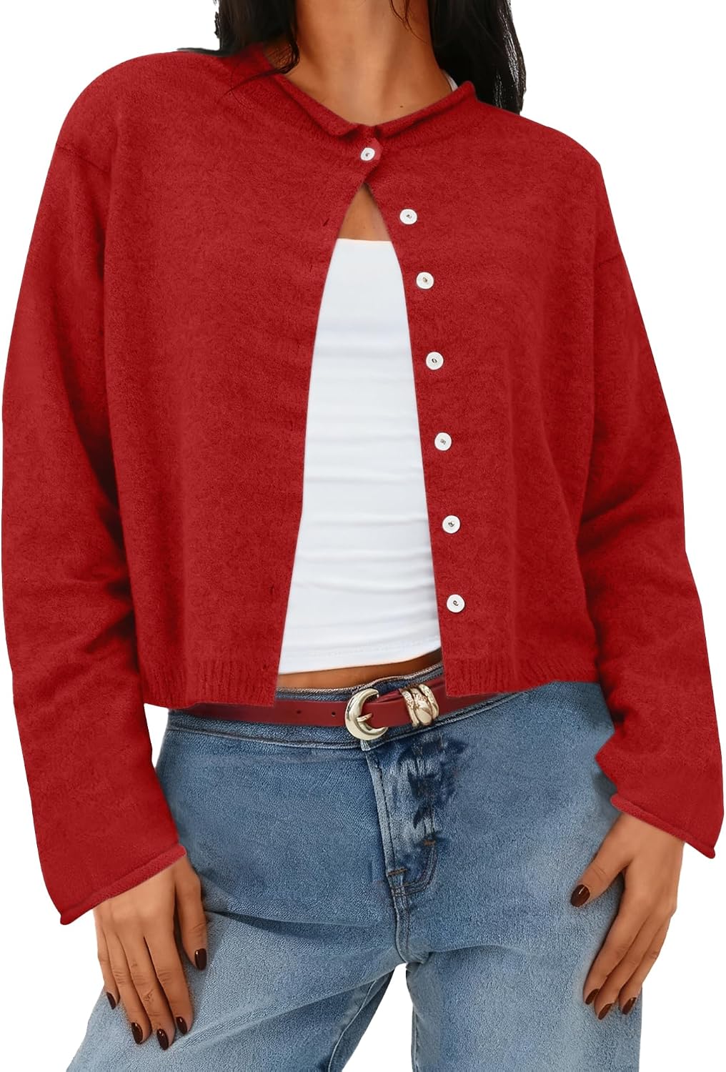 AKEWEI Cropped Cardigan Sweaters for Women Crewneck Long Sleeve Button Down Open Front Tops