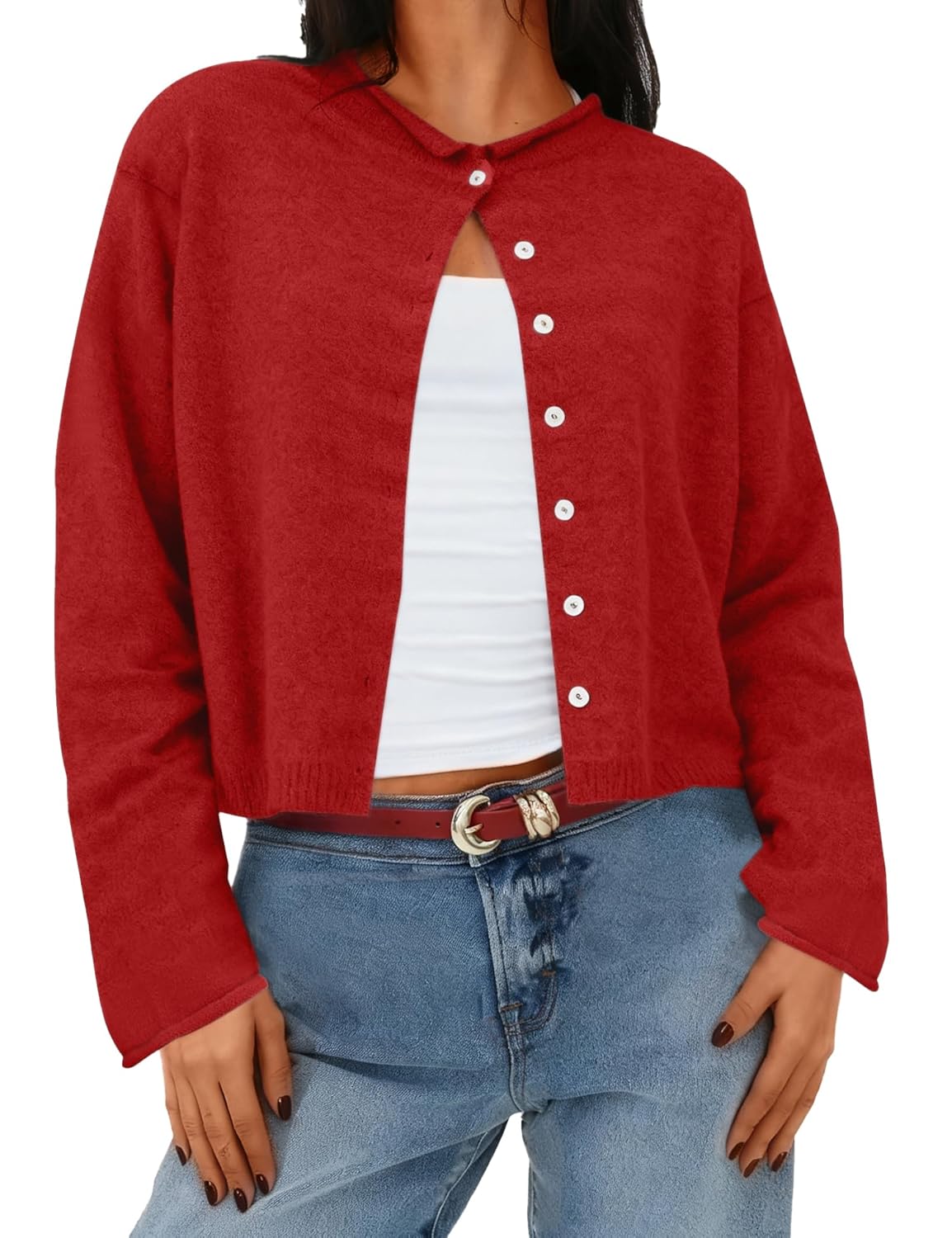 AKEWEI Cropped Cardigan Sweaters for Women Crewneck Long Sleeve Button Down Open Front Tops
