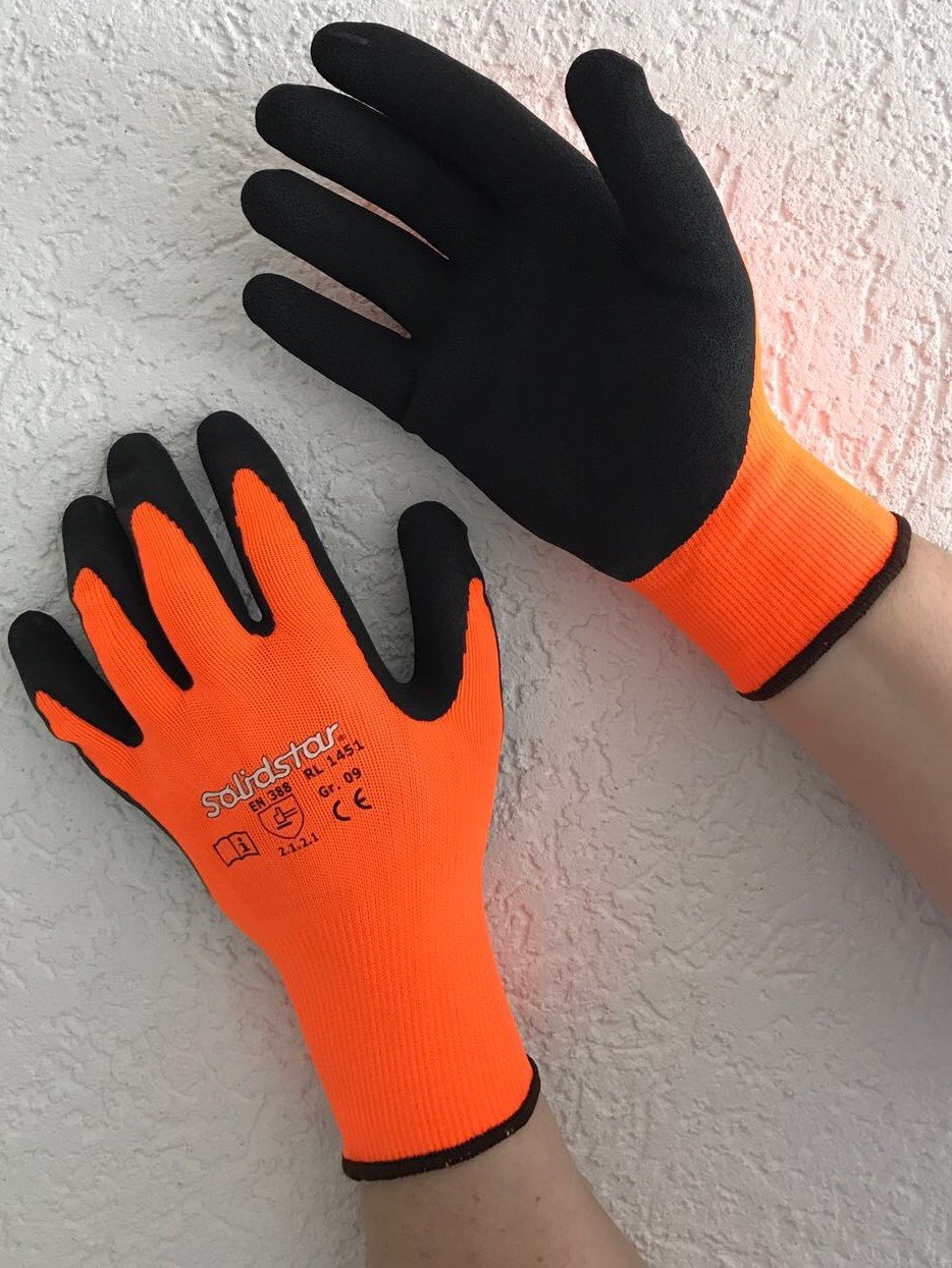12 Paar"SOLIDSTAR", Gr. 10, Nylon-Feinstrick Arbeitshandschuhe mit  Nylon-Feinstrick-Handschuh, Signalfarbe Orange, mit schwarzer  Mikro-Schaum-Latex- Beschichtung: Amazon.de: Baumarkt
