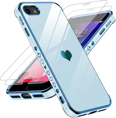 LeYi Funda para iPhone 78 con protector de pantalla 2 piezas de vidrio templado + protección completa de la lente de la cámara, chapado en corazón