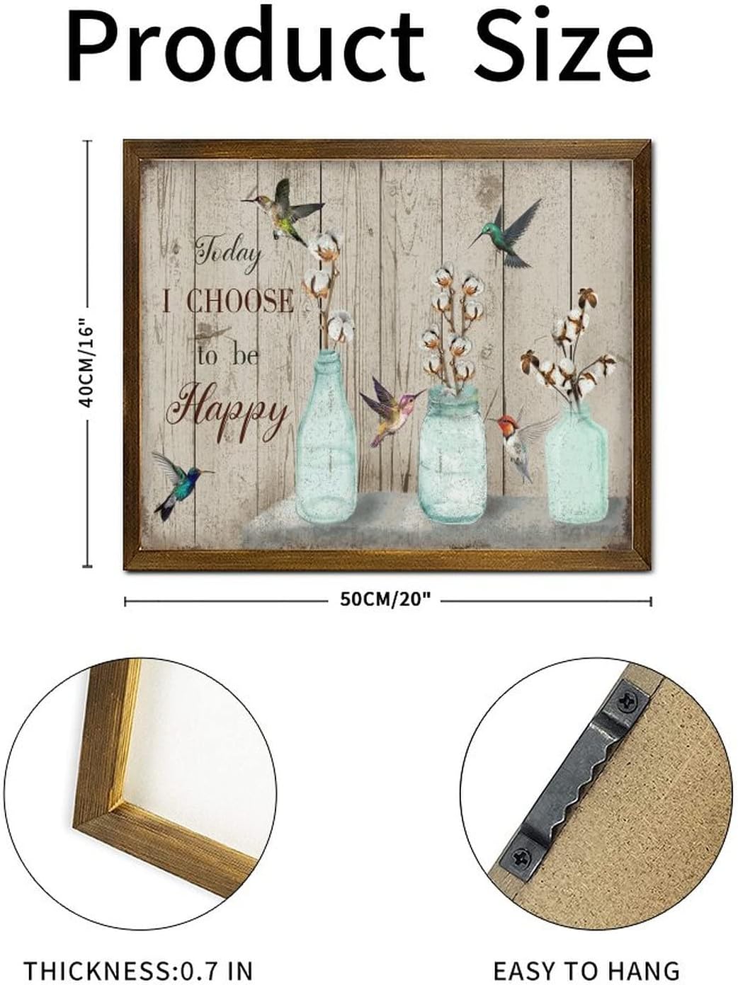 Today I Choose to Be Happy Wood Framed Signs Hummingbird Kapok Flower in Vase Wooden Art Wall Vintage Nature Plants Wall Decor Farmhouse Rustic Wooden for Home Room Office Garden Kitchen 16x20 Inch