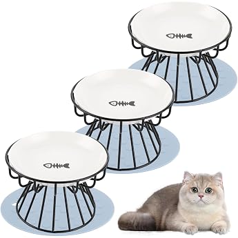 Set of 3 Raised Cat Bowls with Metal Stand and Non-Slip Mat Ceramic Cat Bowls for Cats and Dogs
