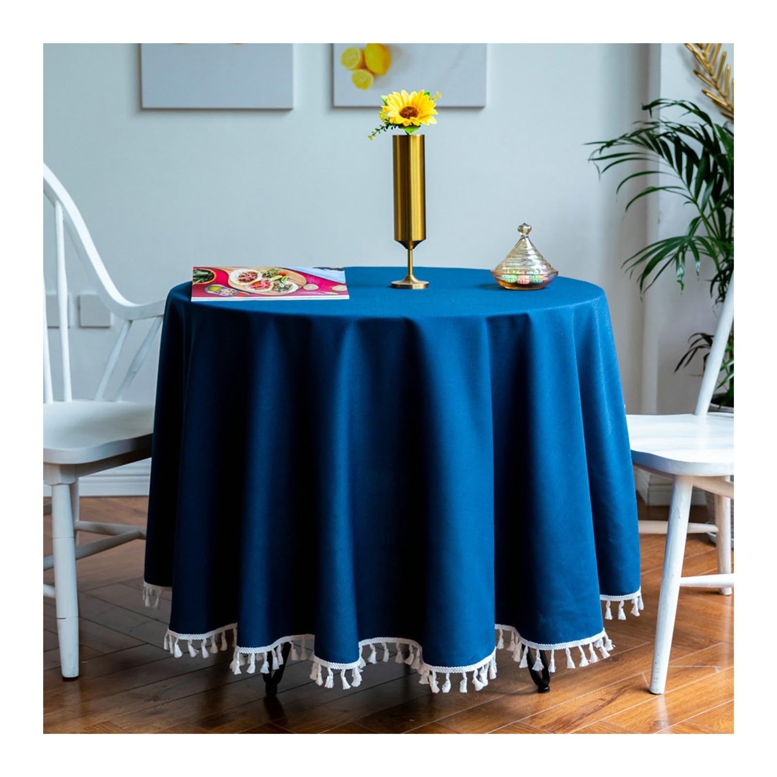 Nappe ronde en coton lin KnSam premium bleu foncé 260cm lin brodé nappe de table chic à franges