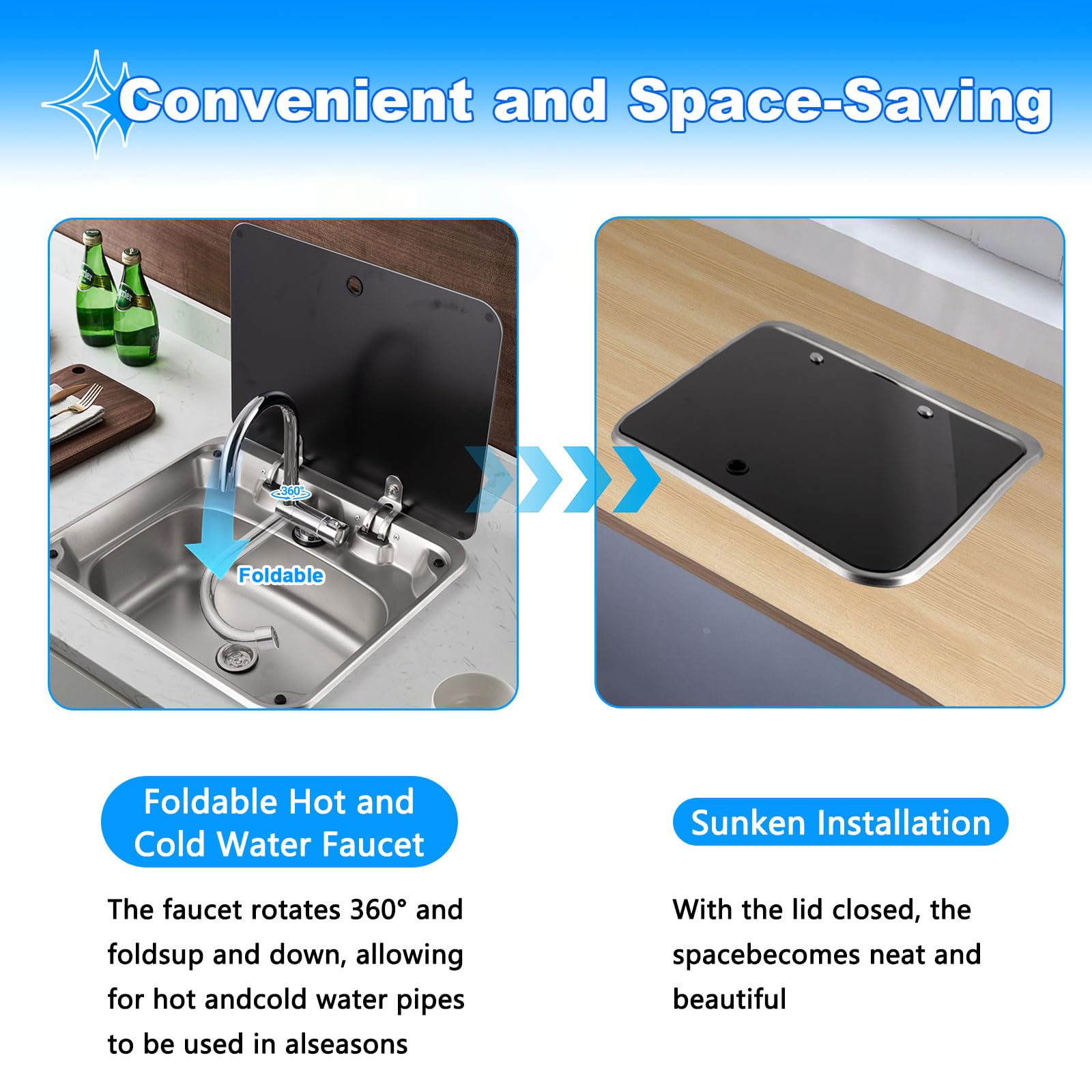 Wohnmobil-Spüle mit Deckel, 42 × 37 × 15 cm, 304 Edelstahl Campervan-Küchenspüle mit klappbarem 360°-Drehhahn und gehärtetem Glasdeckel für Wohnwagen, Wohnmobil, Camper, RV Camping Spüle Bausatz